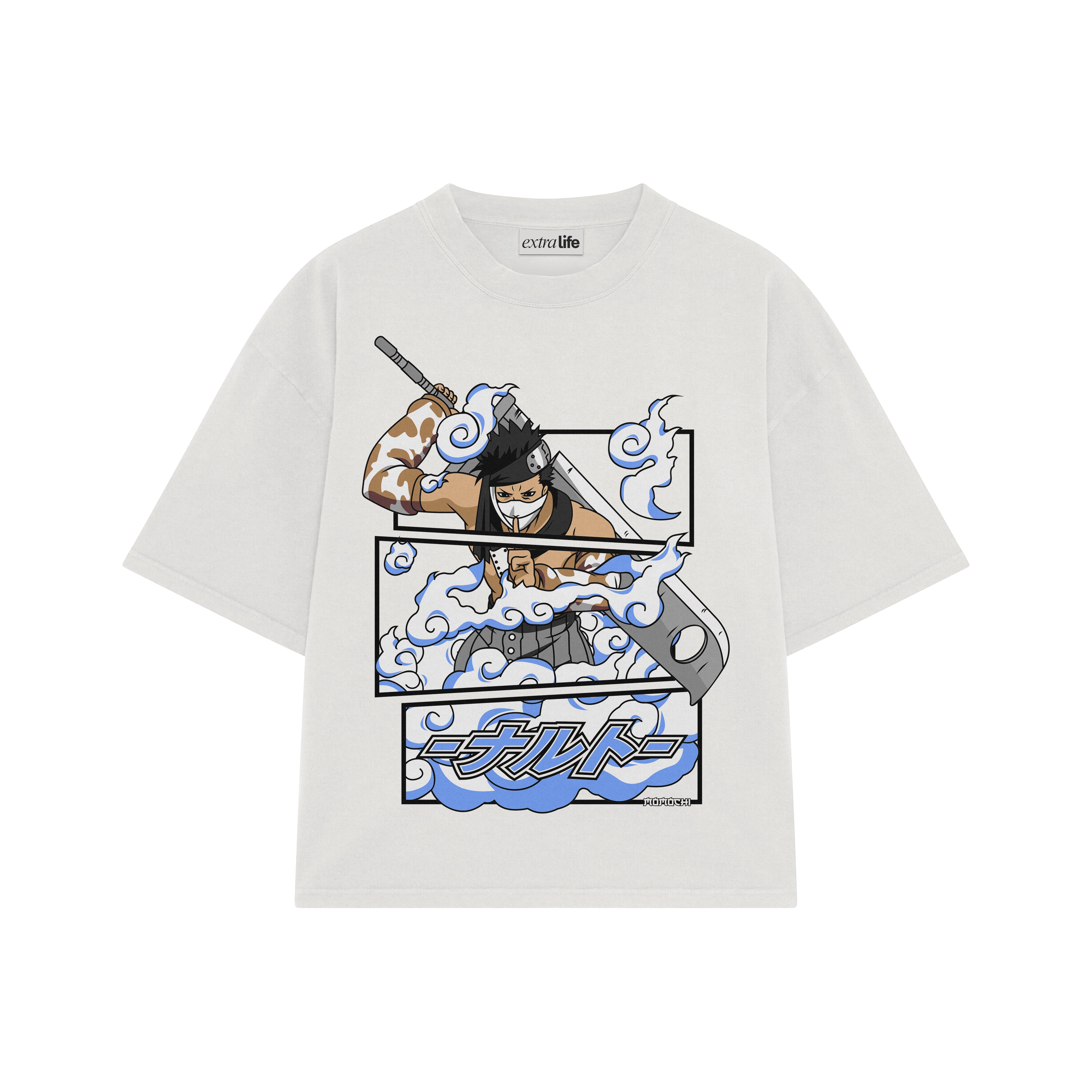Playera streetwear premium de anime y gaming ExtraLife MX, corte boxy oversized drop shoulder heavyweight en color Deep Black y Off-White, moda urbana mexicana de culto.