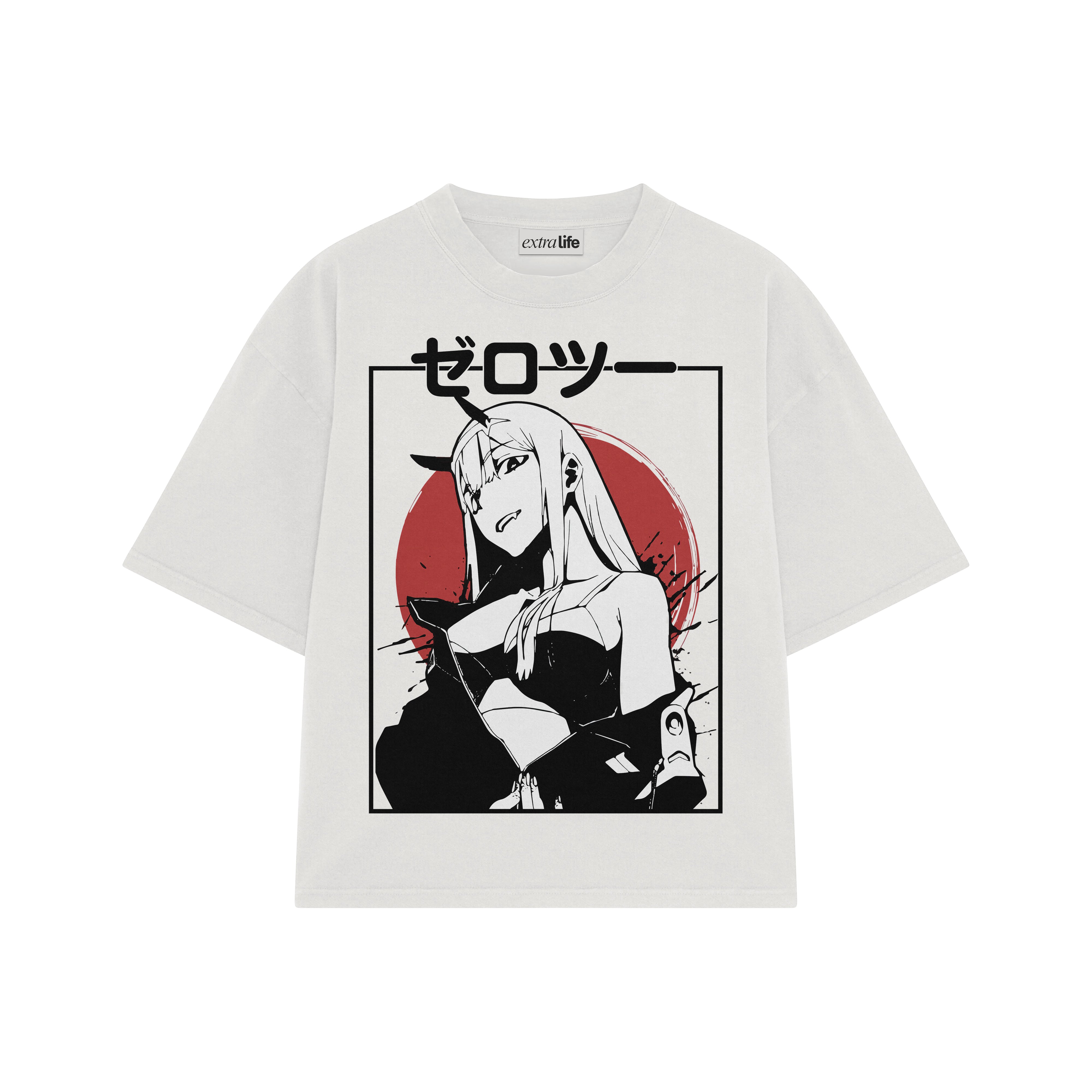 Playera streetwear premium de anime y gaming ExtraLife MX, corte boxy oversized drop shoulder heavyweight en color Deep Black y Off-White, moda urbana mexicana de culto.