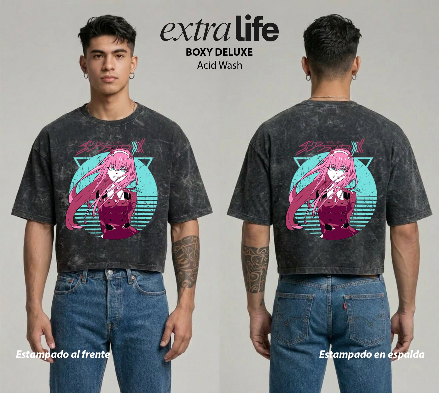 Playera streetwear premium de anime y gaming ExtraLife MX, corte boxy deluxe mineral wash heavyweight en color Acid Wash, moda urbana mexicana de culto.