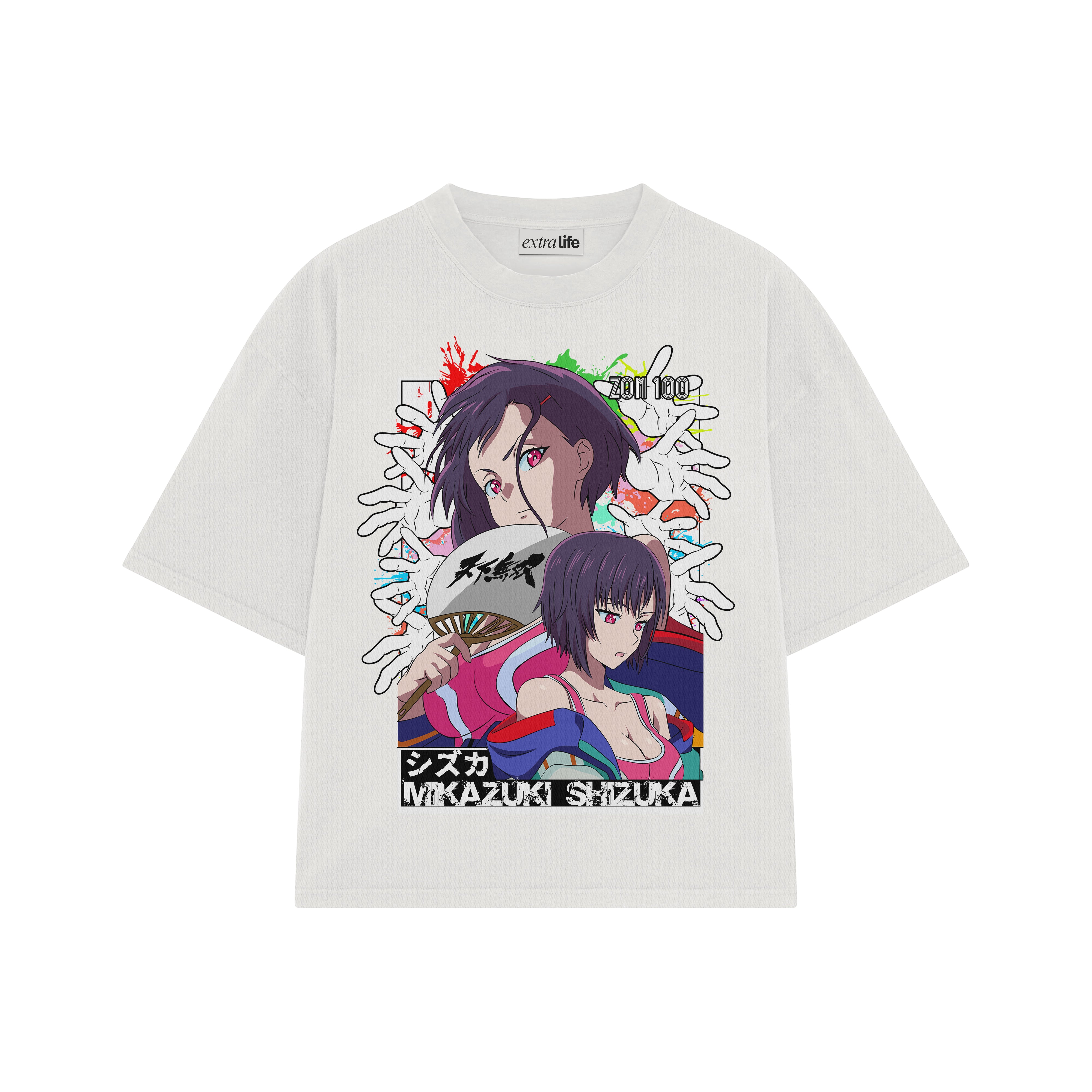 Playera streetwear premium de anime y gaming ExtraLife MX, corte boxy oversized drop shoulder heavyweight en color Deep Black y Off-White, moda urbana mexicana de culto.