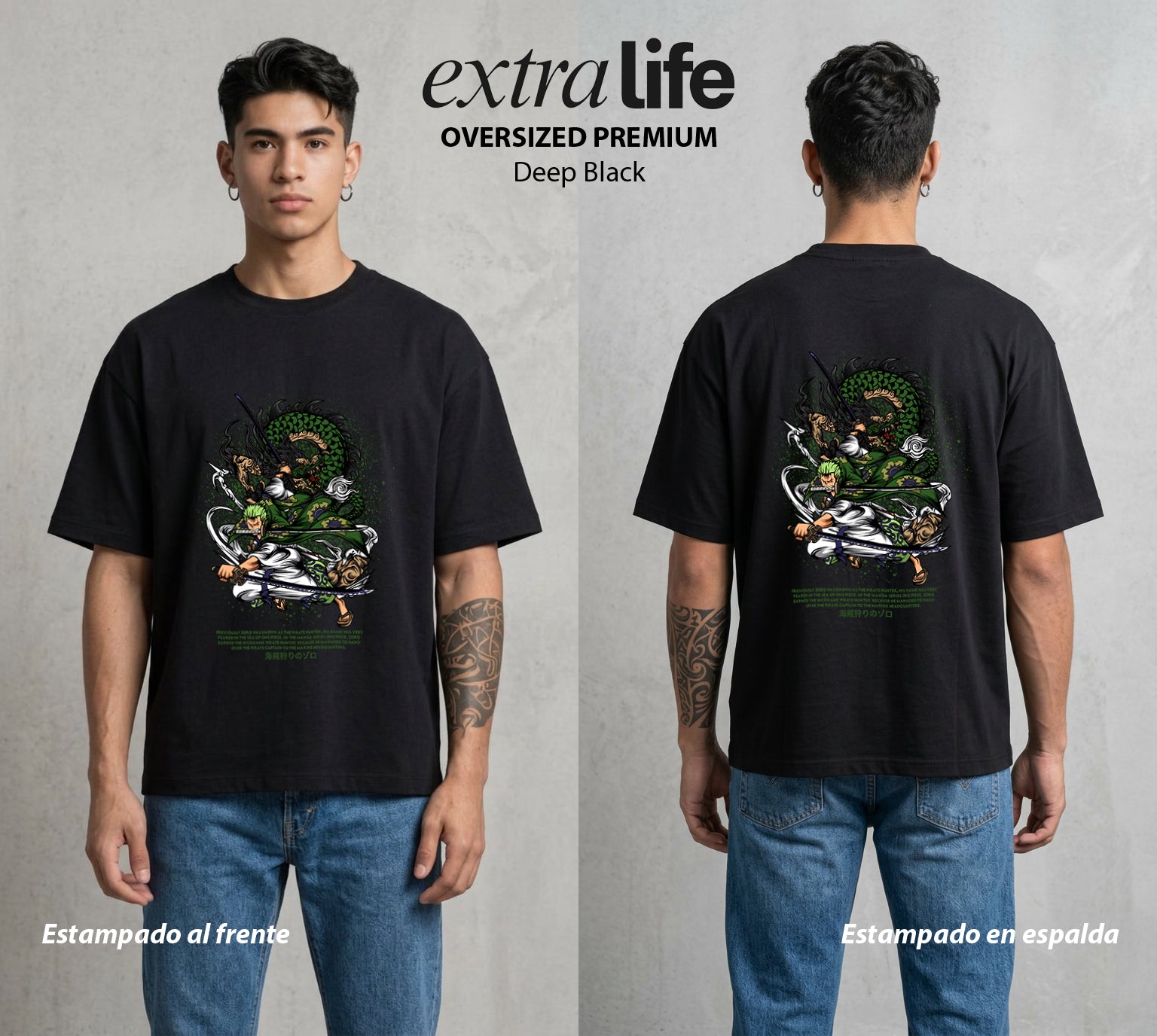 Mar de los Piratas | Tres Espadas #04563 - Playera Oversized Premium | Deep Black - Foto en modelo