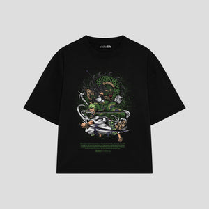 Playera streetwear premium de anime y gaming ExtraLife MX, corte boxy oversized drop shoulder heavyweight en color Deep Black y Off-White, moda urbana mexicana de culto.