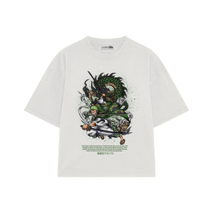Playera streetwear premium de anime y gaming ExtraLife MX, corte boxy oversized drop shoulder heavyweight en color Deep Black y Off-White, moda urbana mexicana de culto.