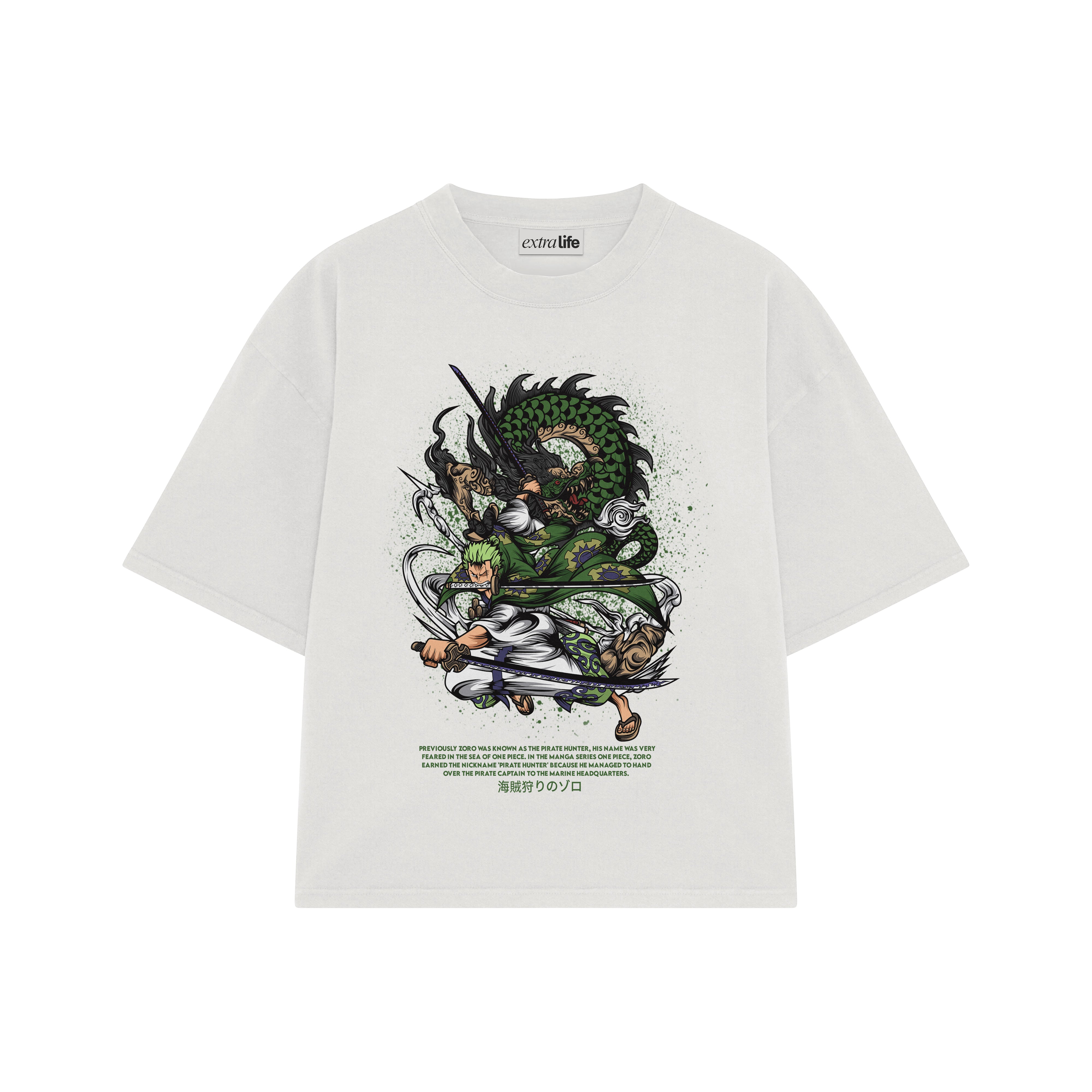 Playera streetwear premium de anime y gaming ExtraLife MX, corte boxy oversized drop shoulder heavyweight en color Deep Black y Off-White, moda urbana mexicana de culto.