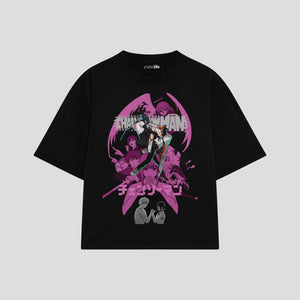 Playera streetwear premium de anime y gaming ExtraLife MX, corte boxy oversized drop shoulder heavyweight en color Deep Black y Off-White, moda urbana mexicana de culto.
