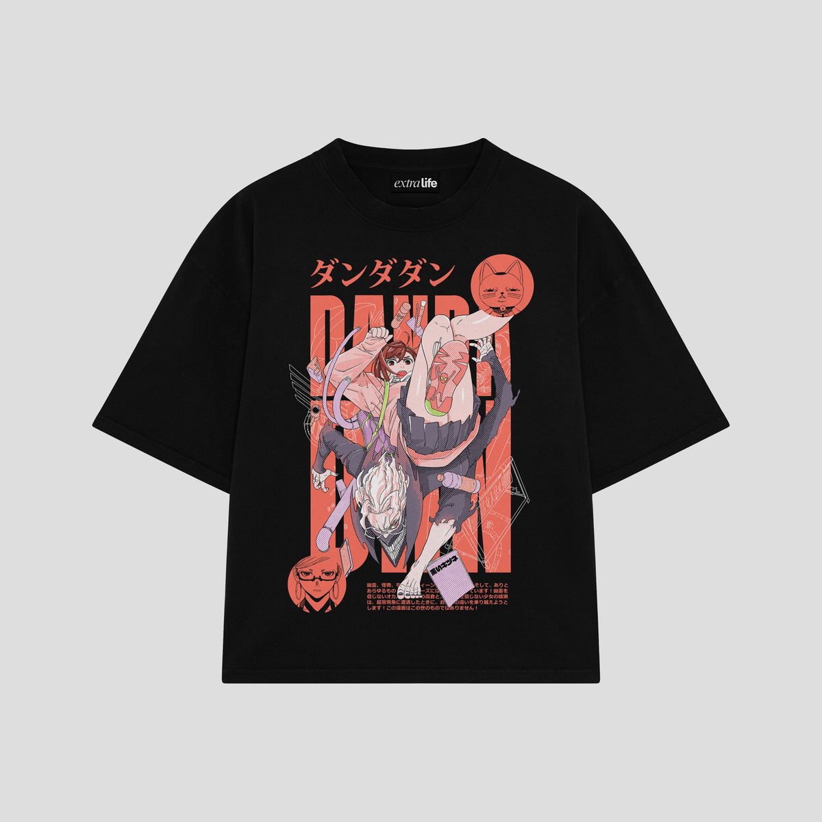 Playera streetwear premium de anime y gaming ExtraLife MX, corte oversized drop shoulder ligero y fresco en color Deep Black y Off-White, moda urbana mexicana de culto.