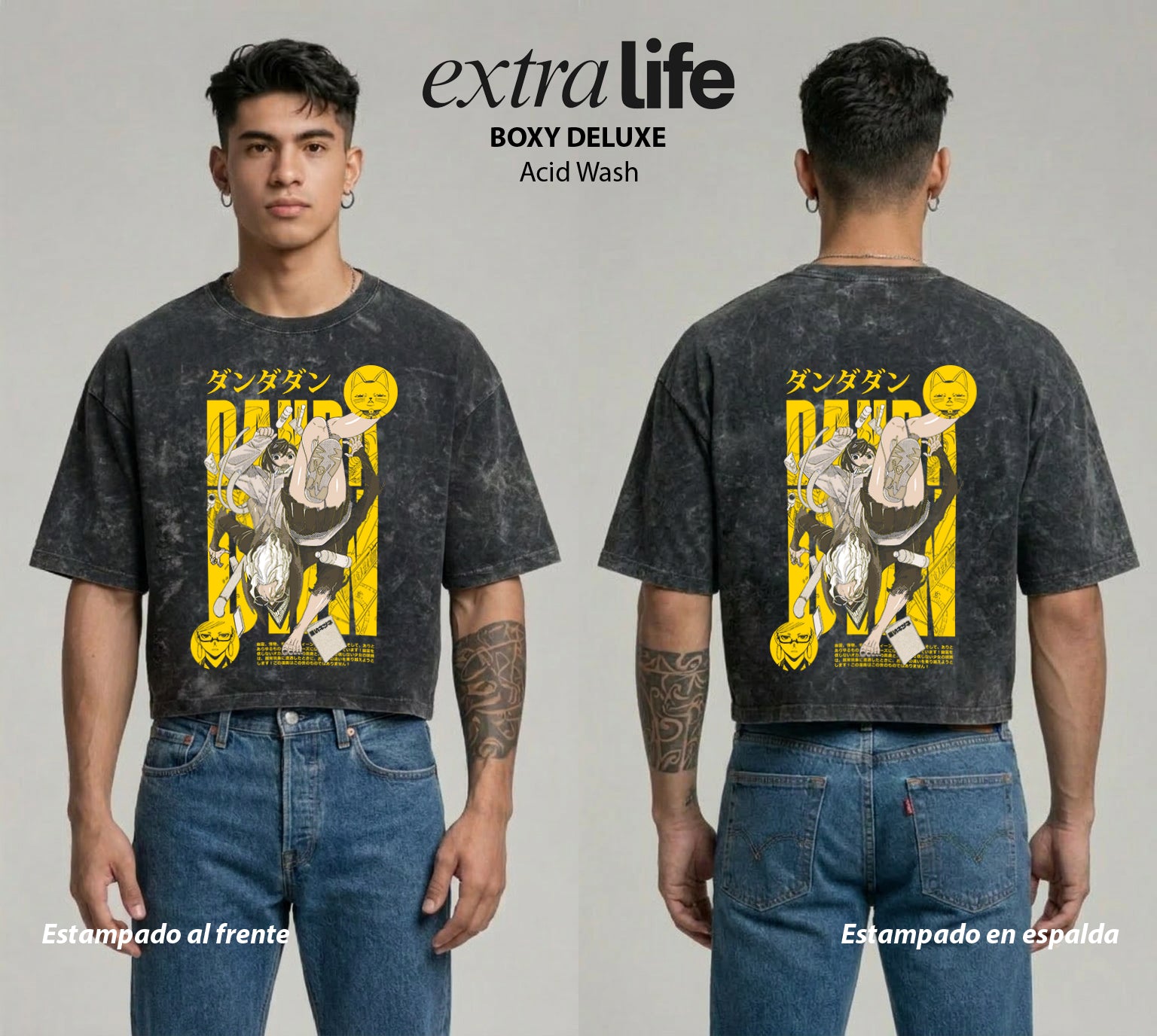 Playera streetwear premium de anime y gaming ExtraLife MX, corte boxy deluxe mineral wash heavyweight en color Acid Wash, moda urbana mexicana de culto.