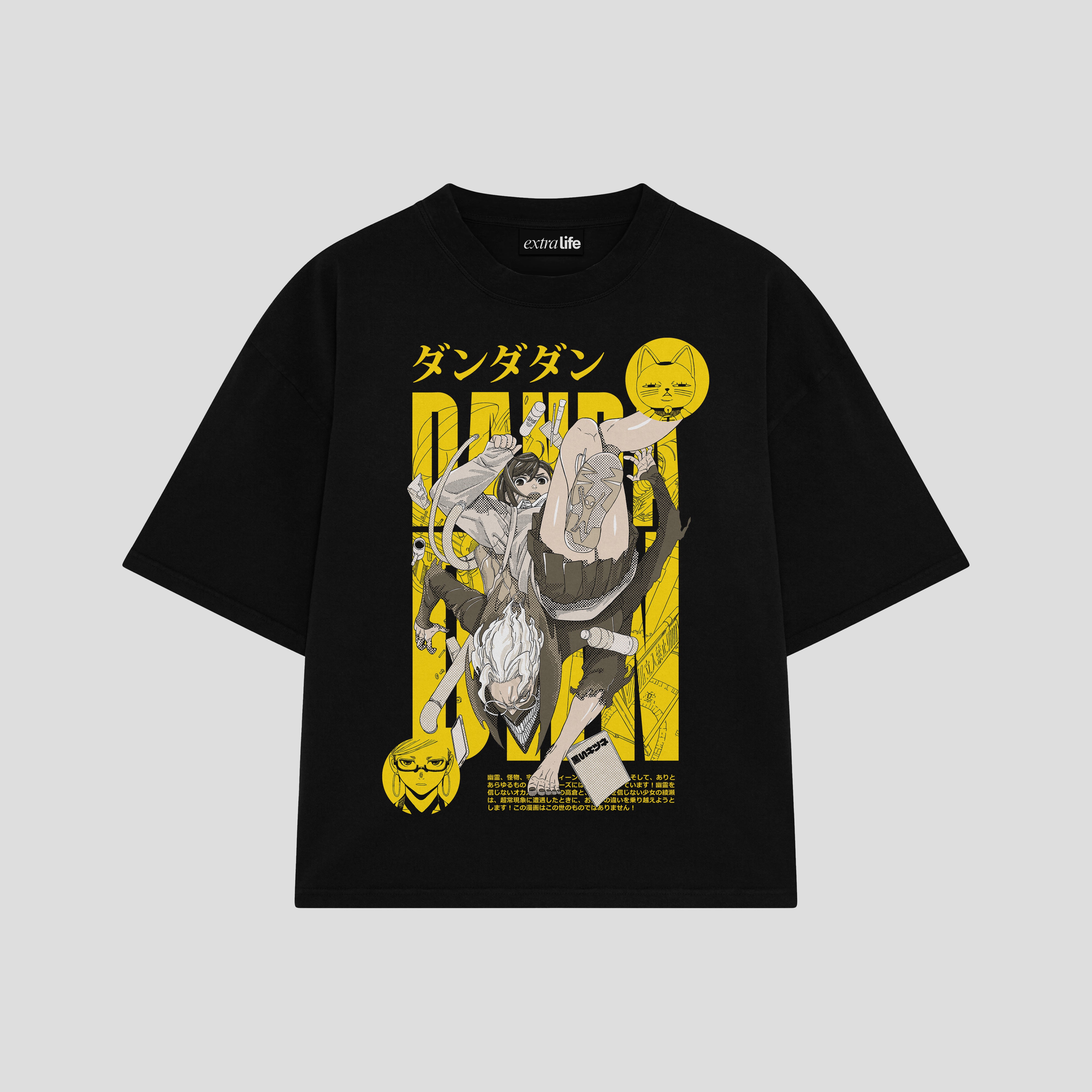 Playera streetwear premium de anime y gaming ExtraLife MX, corte boxy oversized drop shoulder heavyweight en color Deep Black y Off-White, moda urbana mexicana de culto.