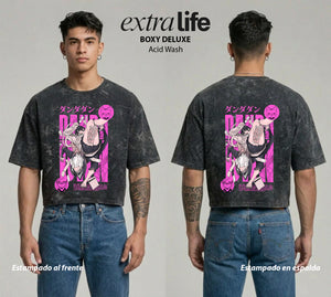 Playera streetwear premium de anime y gaming ExtraLife MX, corte boxy deluxe mineral wash heavyweight en color Acid Wash, moda urbana mexicana de culto.