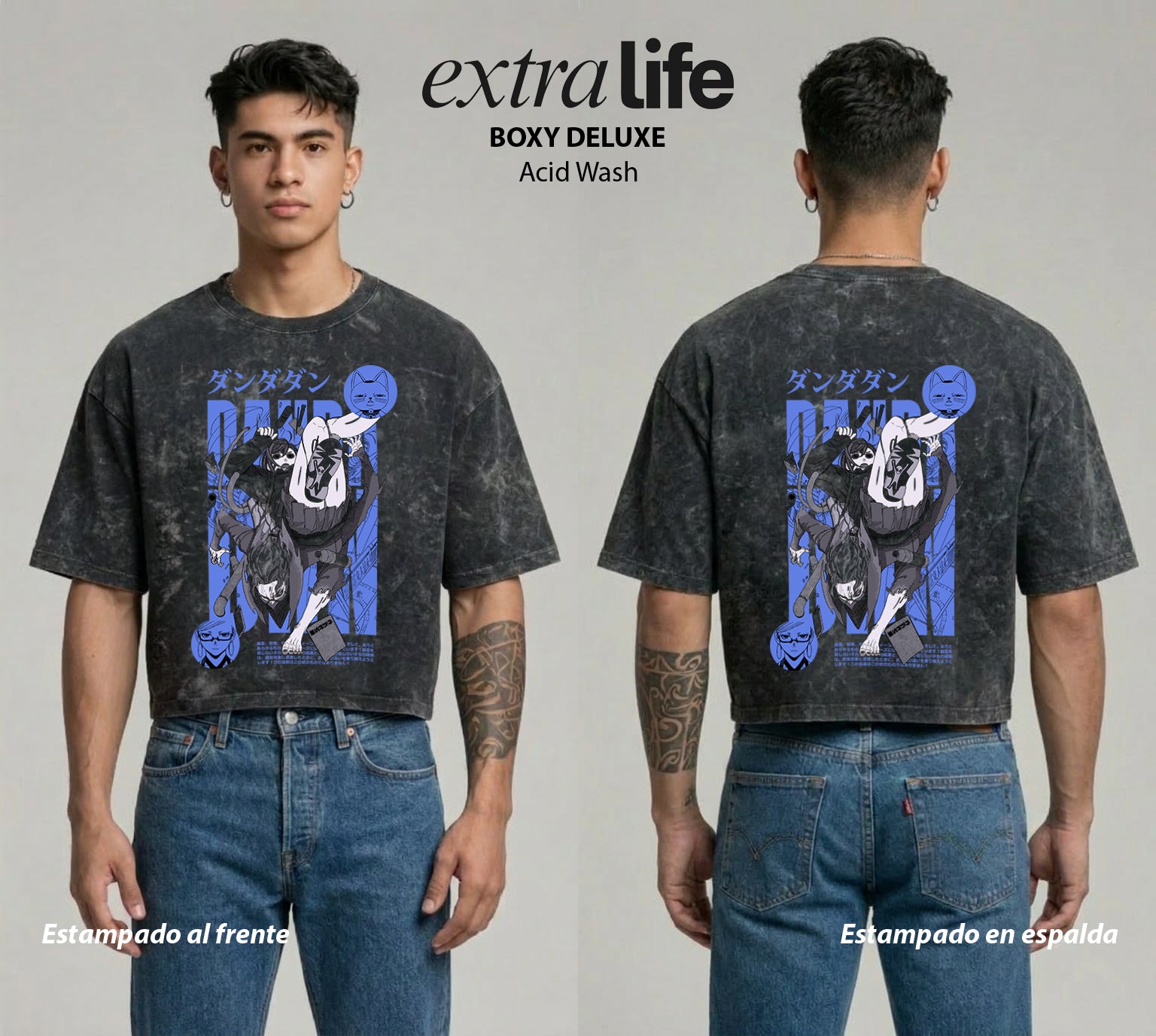 Playera streetwear premium de anime y gaming ExtraLife MX, corte boxy deluxe mineral wash heavyweight en color Acid Wash, moda urbana mexicana de culto.