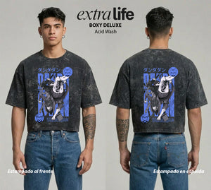 Playera streetwear premium de anime y gaming ExtraLife MX, corte boxy deluxe mineral wash heavyweight en color Acid Wash, moda urbana mexicana de culto.