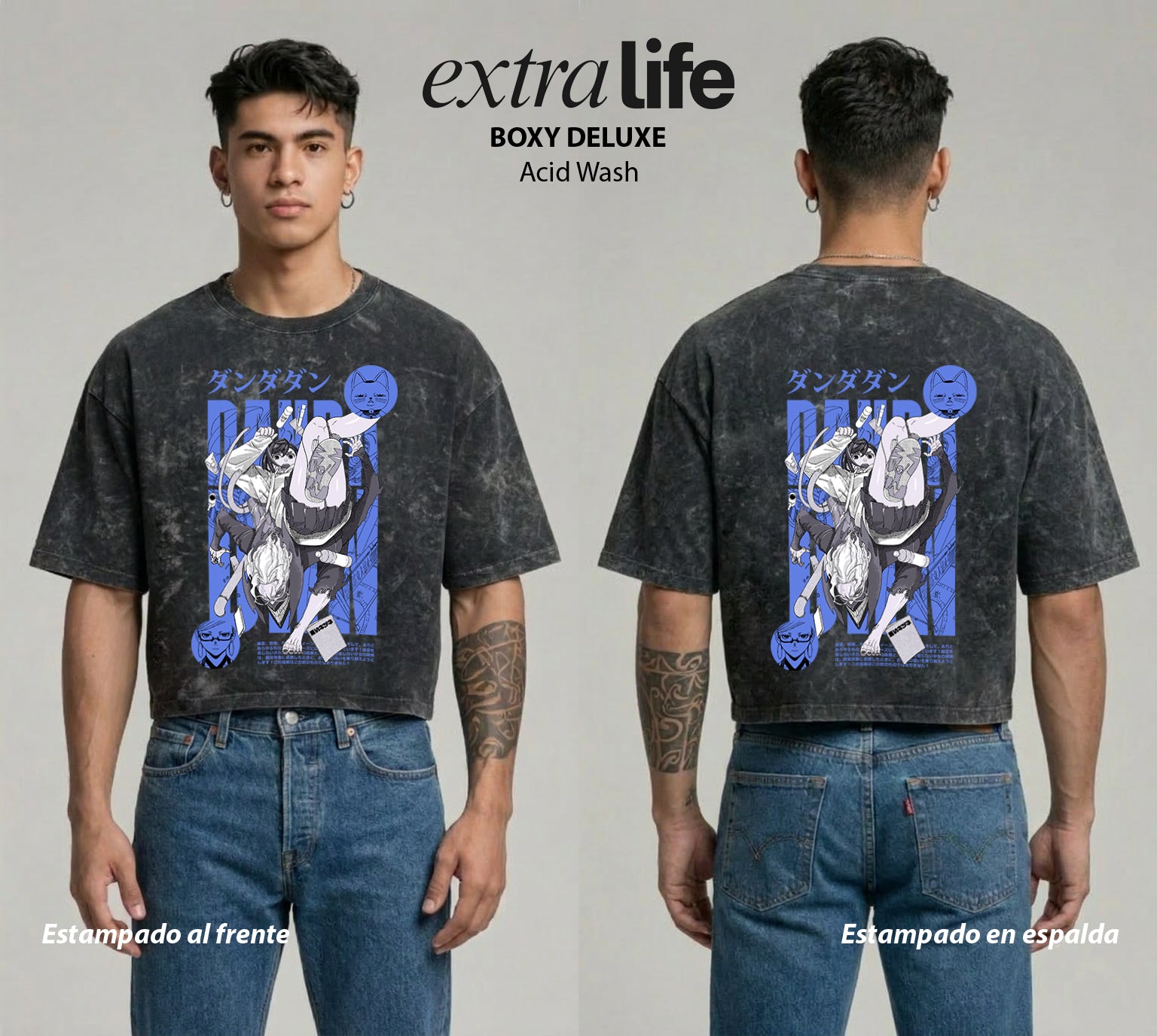 Playera streetwear premium de anime y gaming ExtraLife MX, corte boxy deluxe mineral wash heavyweight en color Acid Wash, moda urbana mexicana de culto.