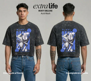 Playera streetwear premium de anime y gaming ExtraLife MX, corte boxy deluxe mineral wash heavyweight en color Acid Wash, moda urbana mexicana de culto.