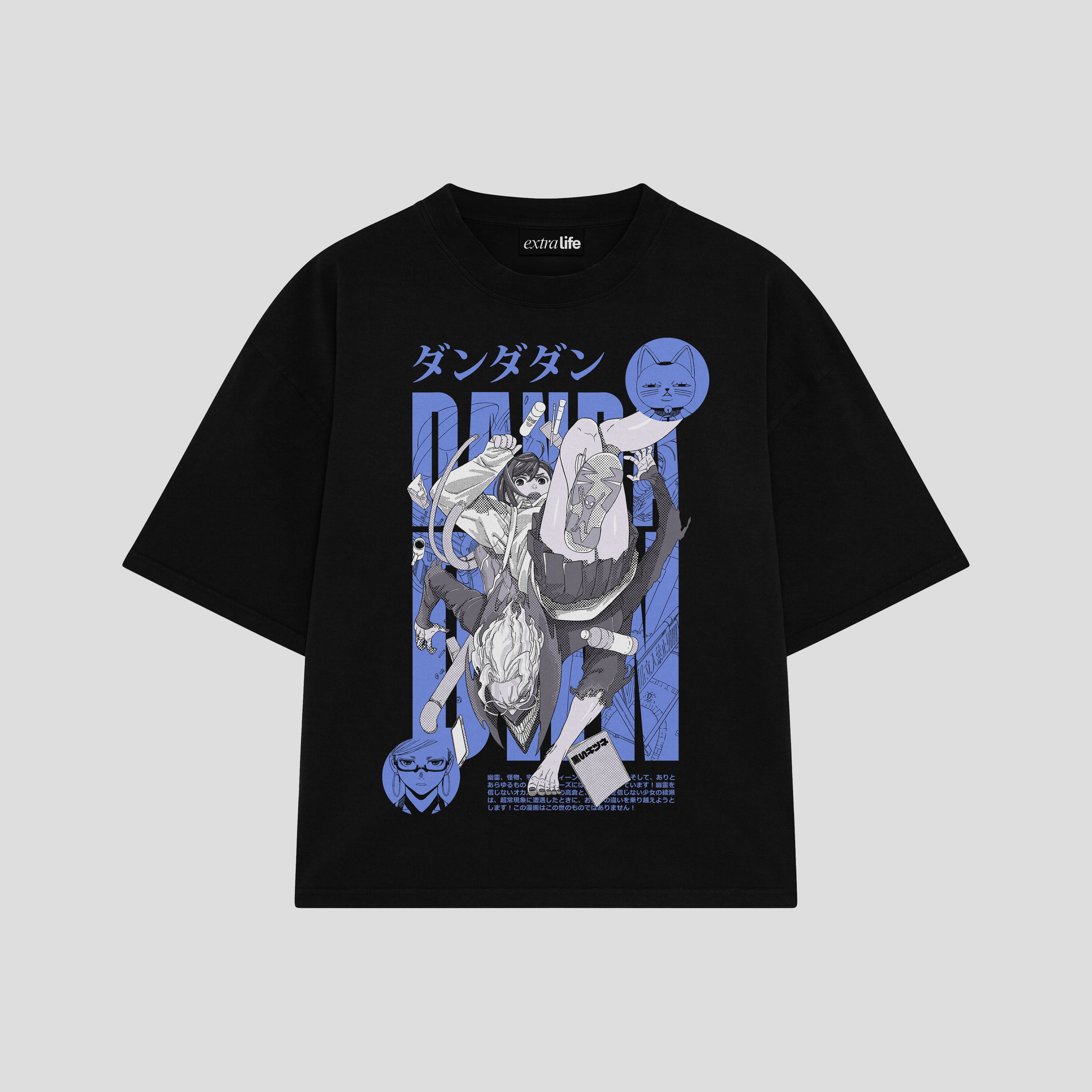 Playera streetwear premium de anime y gaming ExtraLife MX, corte boxy oversized drop shoulder heavyweight en color Deep Black y Off-White, moda urbana mexicana de culto.