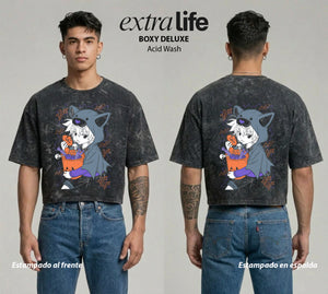 Playera streetwear premium de anime y gaming ExtraLife MX, corte boxy deluxe mineral wash heavyweight en color Acid Wash, moda urbana mexicana de culto.