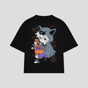 Playera streetwear premium de anime y gaming ExtraLife MX, corte boxy oversized drop shoulder heavyweight en color Deep Black y Off-White, moda urbana mexicana de culto.