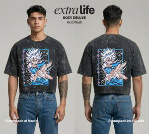 Playera streetwear premium de anime y gaming ExtraLife MX, corte boxy deluxe mineral wash heavyweight en color Acid Wash, moda urbana mexicana de culto.
