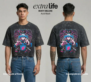Playera streetwear premium de anime y gaming ExtraLife MX, corte boxy deluxe mineral wash heavyweight en color Acid Wash, moda urbana mexicana de culto.