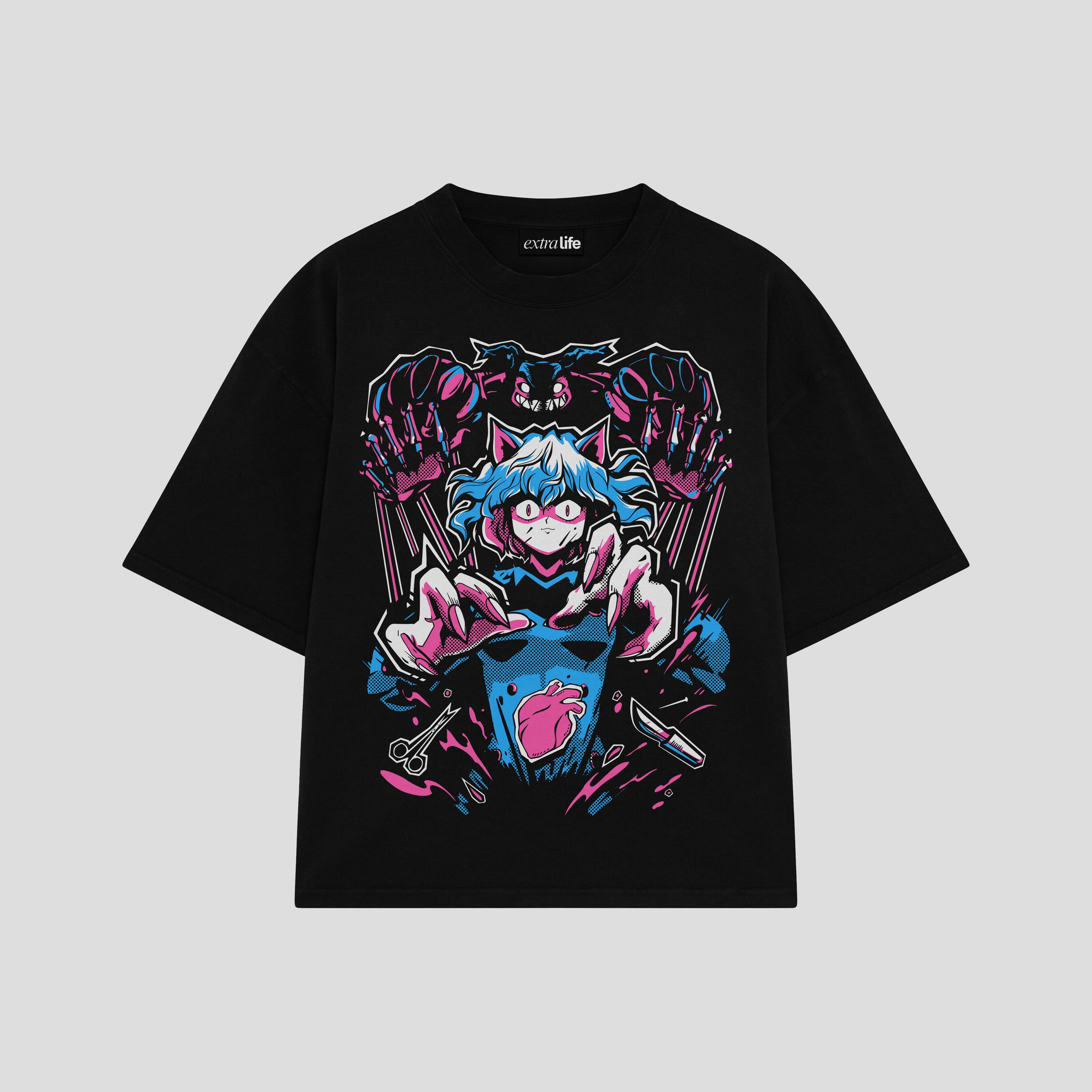 Playera streetwear premium de anime y gaming ExtraLife MX, corte boxy oversized drop shoulder heavyweight en color Deep Black y Off-White, moda urbana mexicana de culto.