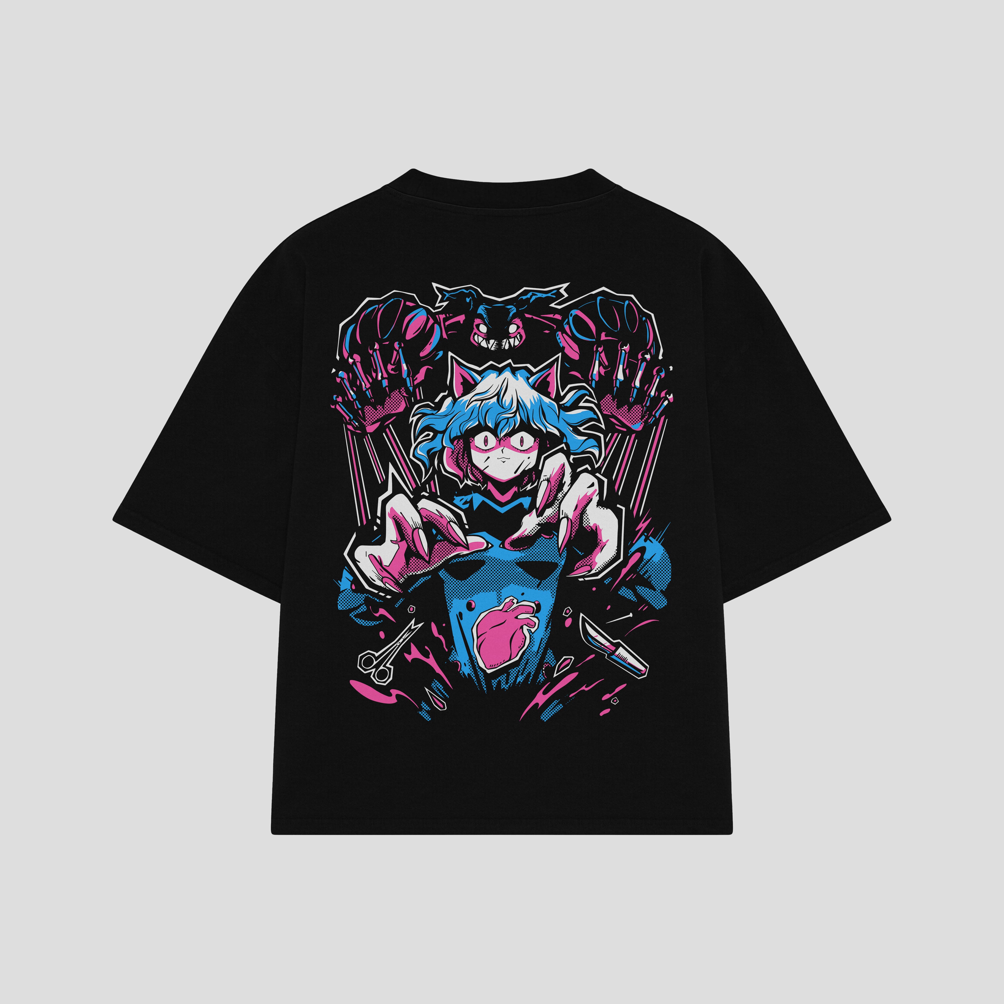 Playera streetwear premium de anime y gaming ExtraLife MX, corte boxy oversized drop shoulder heavyweight en color Deep Black y Off-White, moda urbana mexicana de culto.
