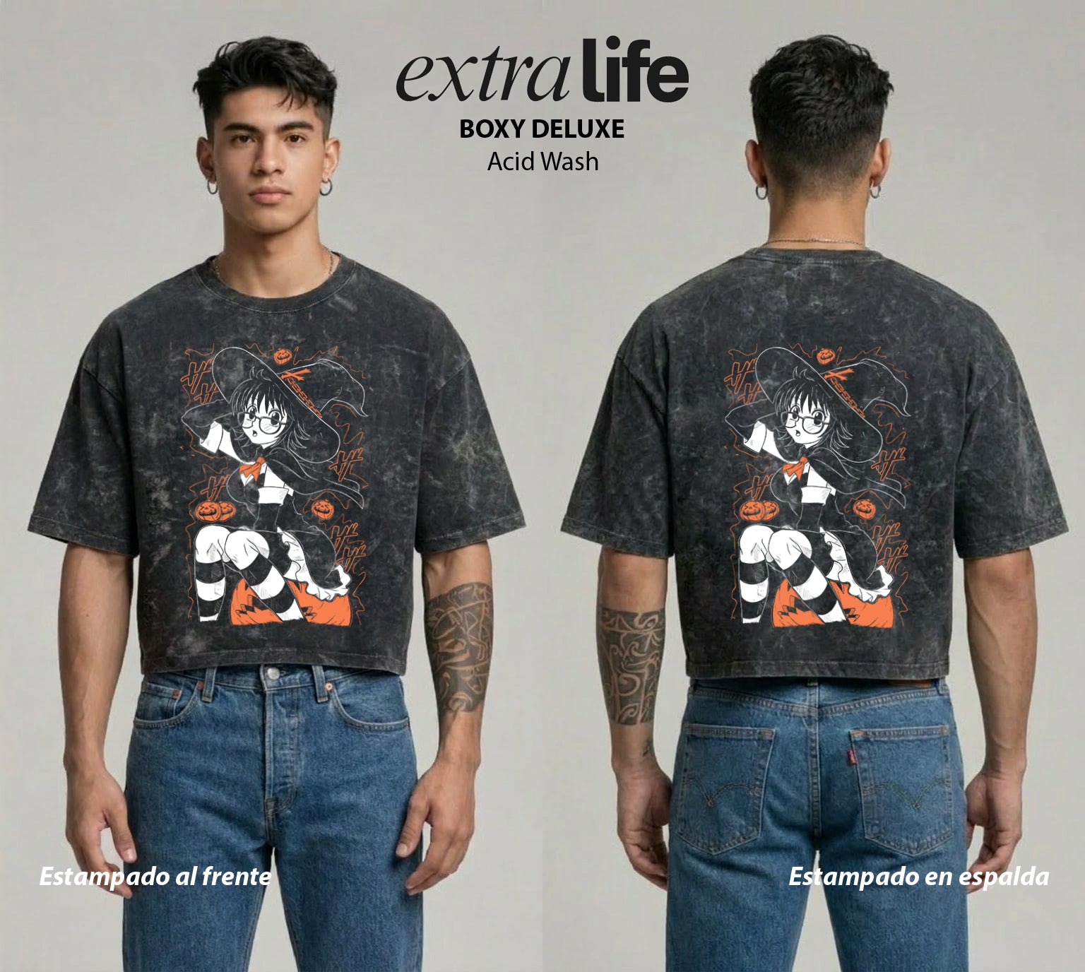 Playera streetwear premium de anime y gaming ExtraLife MX, corte boxy deluxe mineral wash heavyweight en color Acid Wash, moda urbana mexicana de culto.