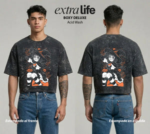 Playera streetwear premium de anime y gaming ExtraLife MX, corte boxy deluxe mineral wash heavyweight en color Acid Wash, moda urbana mexicana de culto.