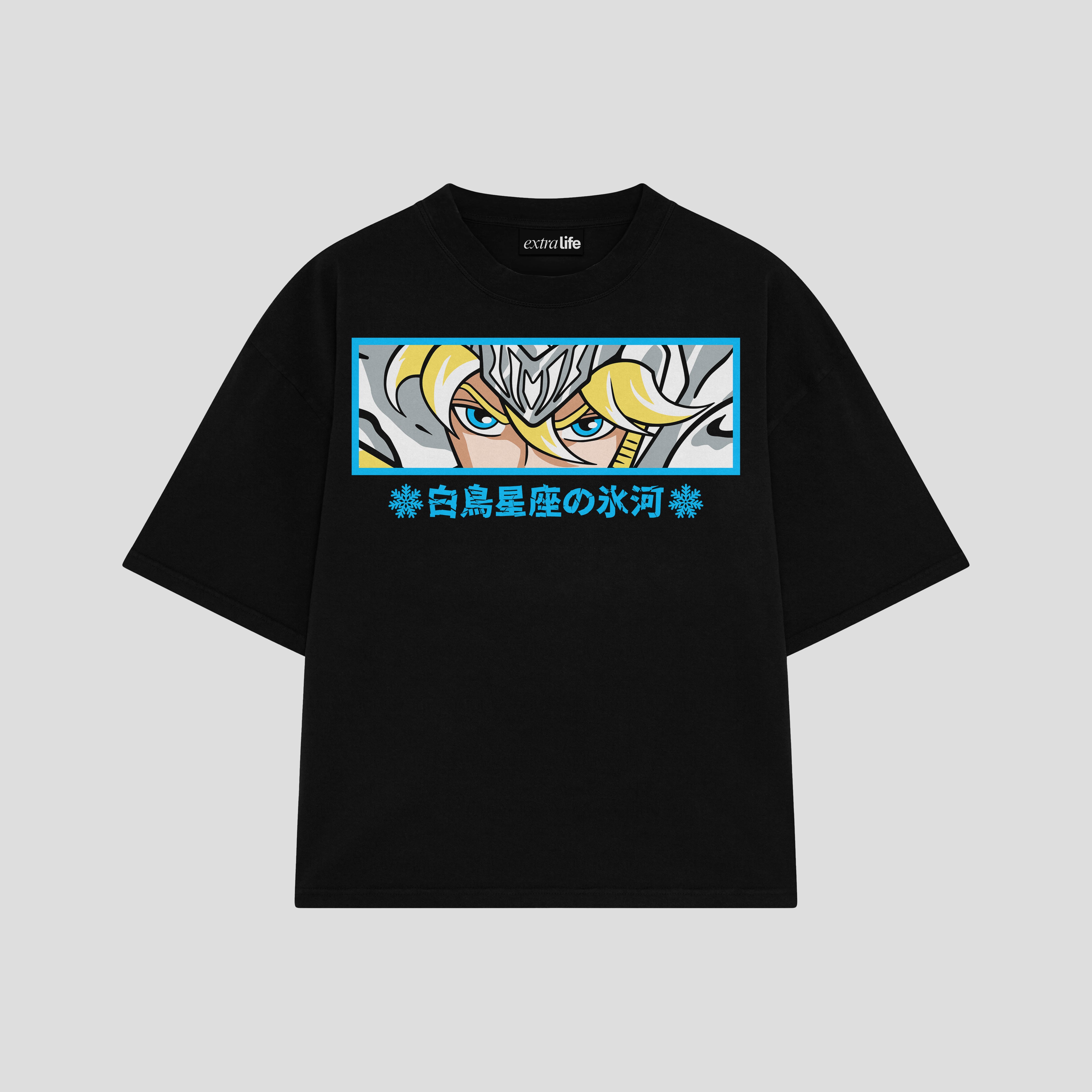 Playera streetwear premium de anime y gaming ExtraLife MX, corte boxy oversized drop shoulder heavyweight en color Deep Black y Off-White, moda urbana mexicana de culto.