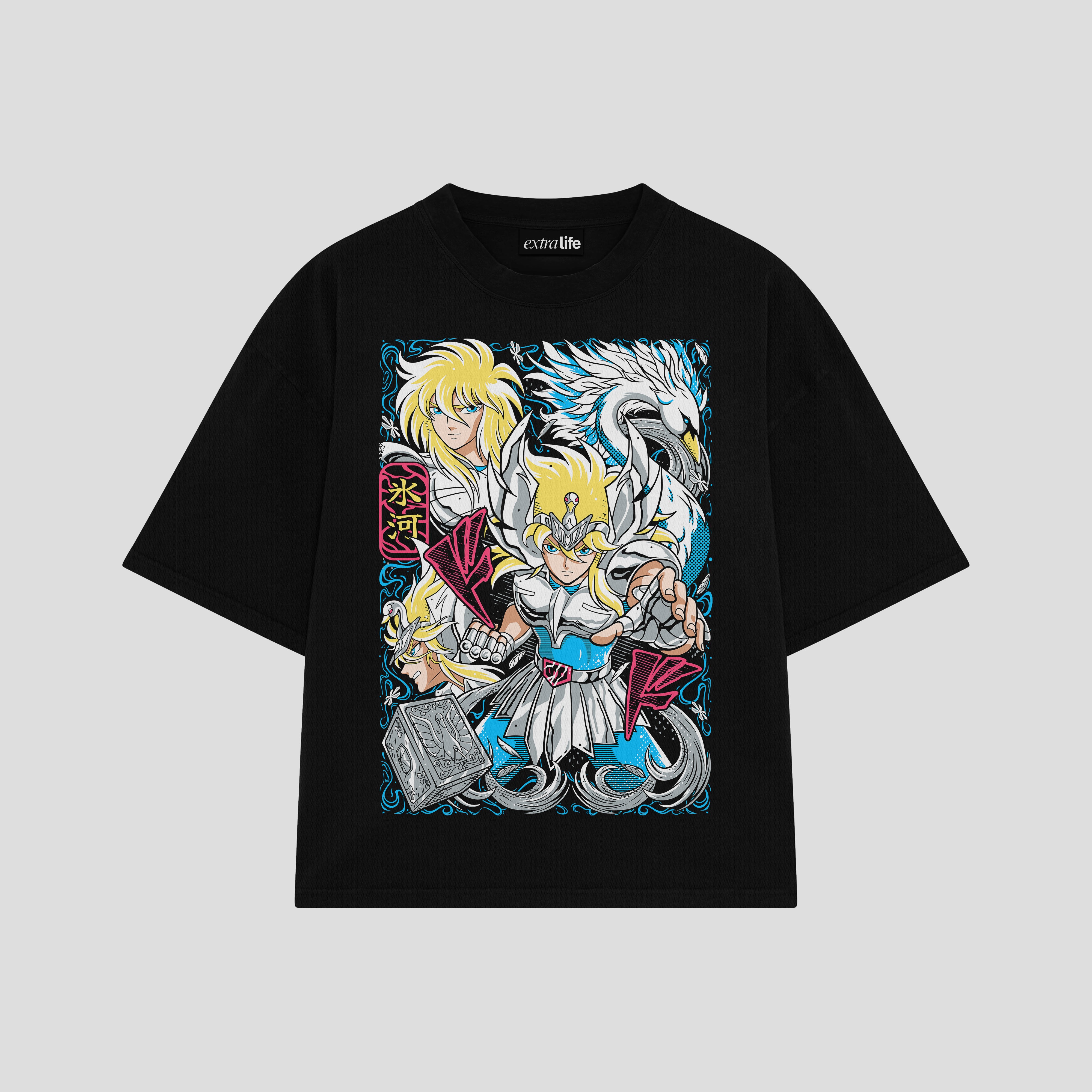 Playera streetwear premium de anime y gaming ExtraLife MX, corte boxy oversized drop shoulder heavyweight en color Deep Black y Off-White, moda urbana mexicana de culto.