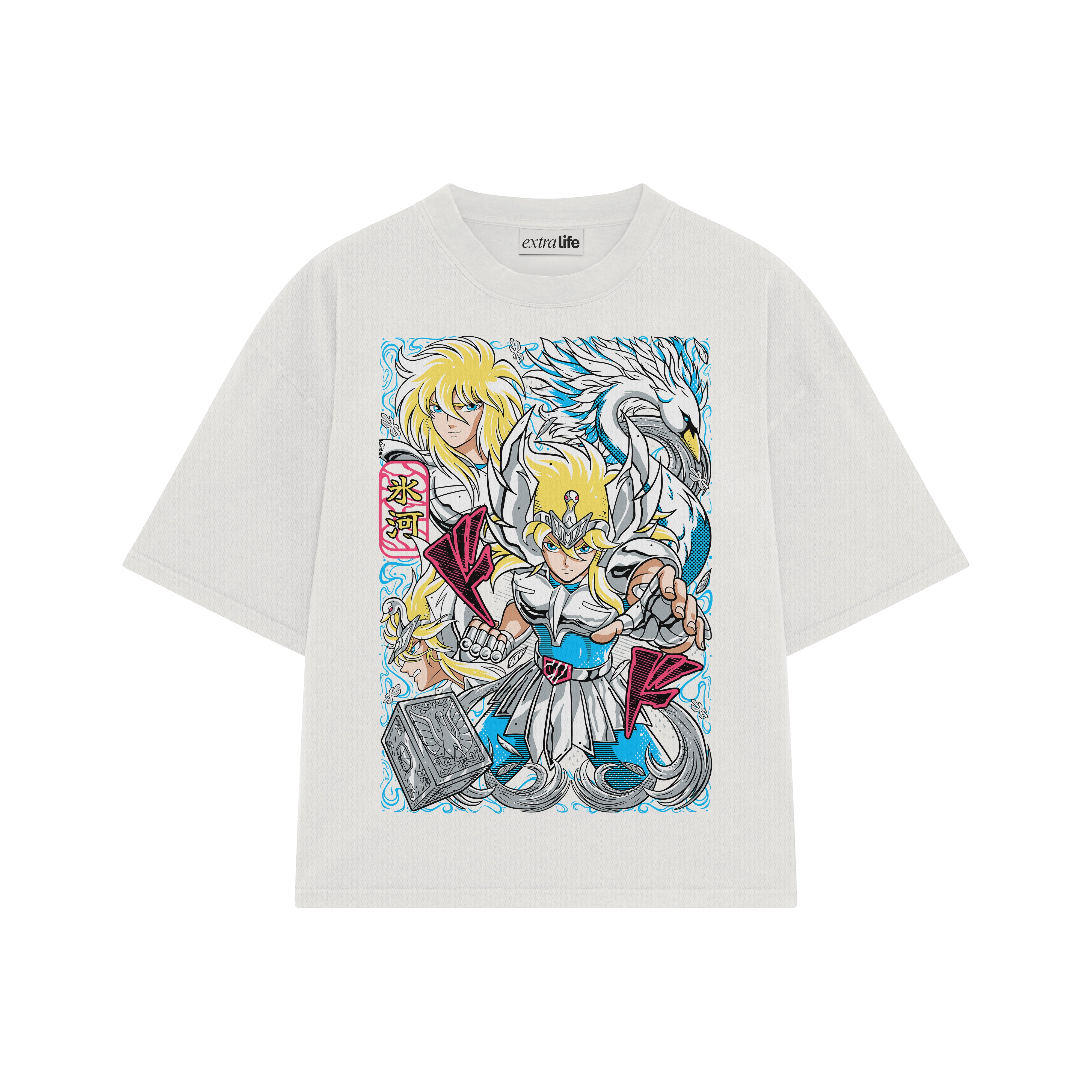 Playera streetwear premium de anime y gaming ExtraLife MX, corte boxy oversized drop shoulder heavyweight en color Deep Black y Off-White, moda urbana mexicana de culto.