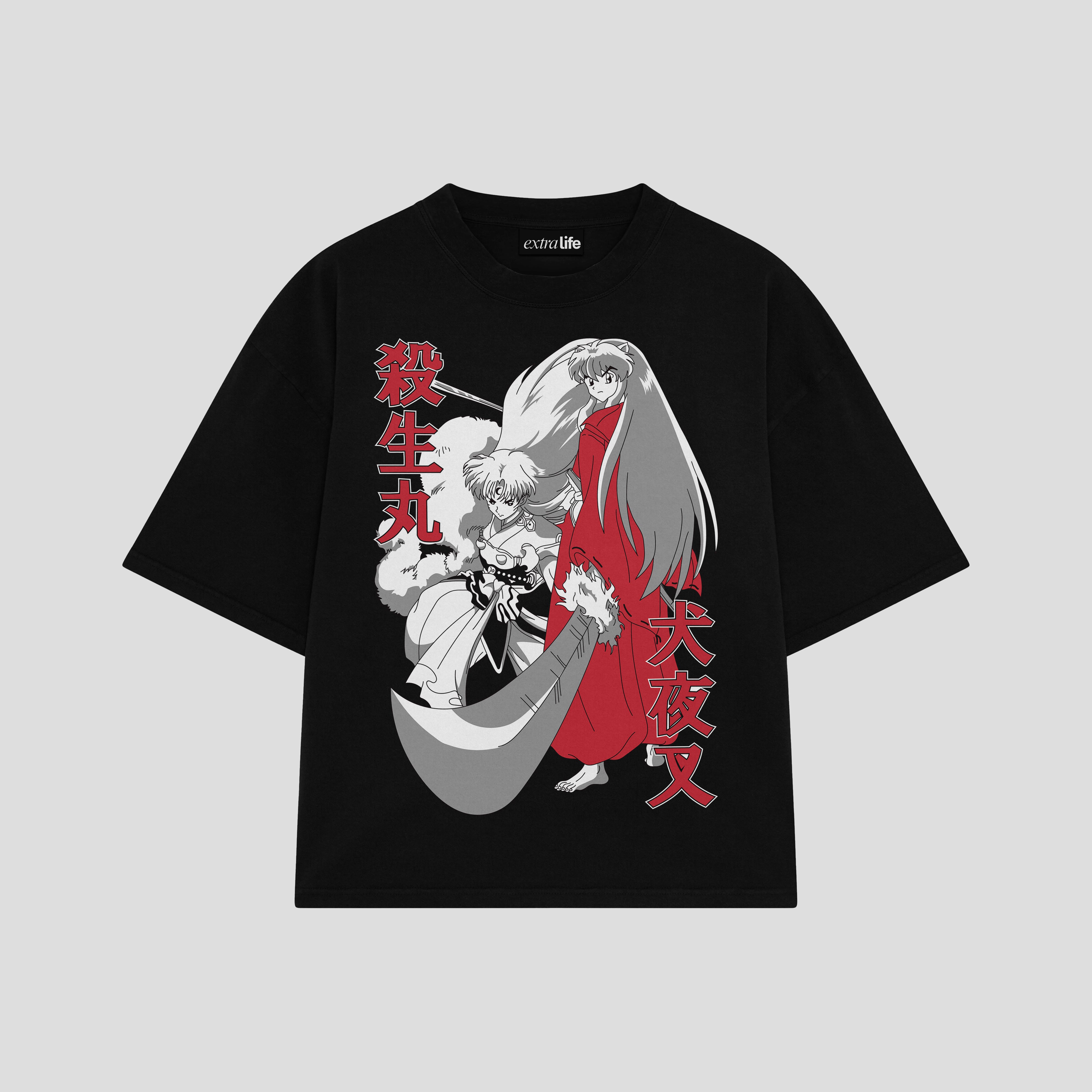 Playera streetwear premium de anime y gaming ExtraLife MX, corte boxy oversized drop shoulder heavyweight en color Deep Black y Off-White, moda urbana mexicana de culto.