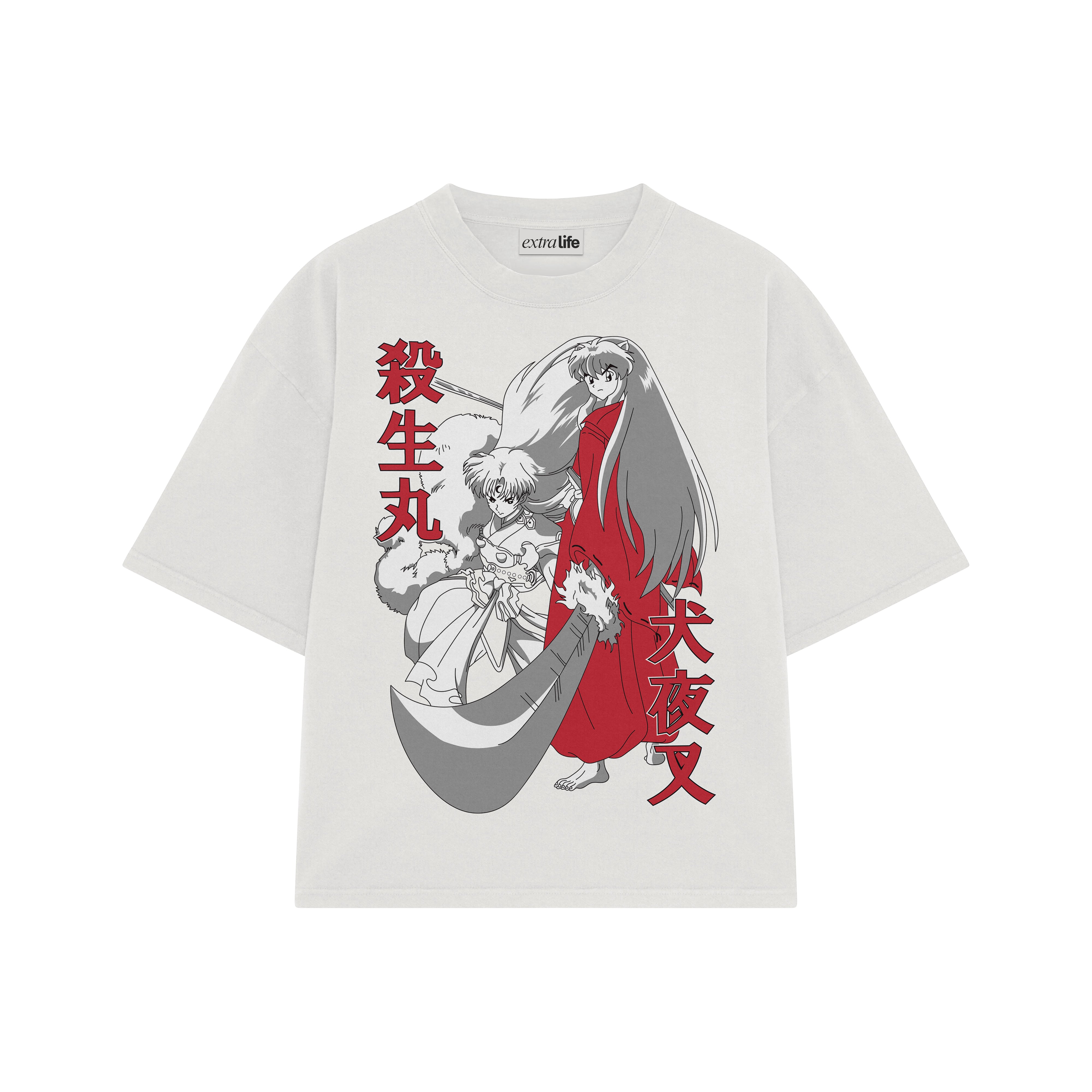 Playera streetwear premium de anime y gaming ExtraLife MX, corte boxy oversized drop shoulder heavyweight en color Deep Black y Off-White, moda urbana mexicana de culto.