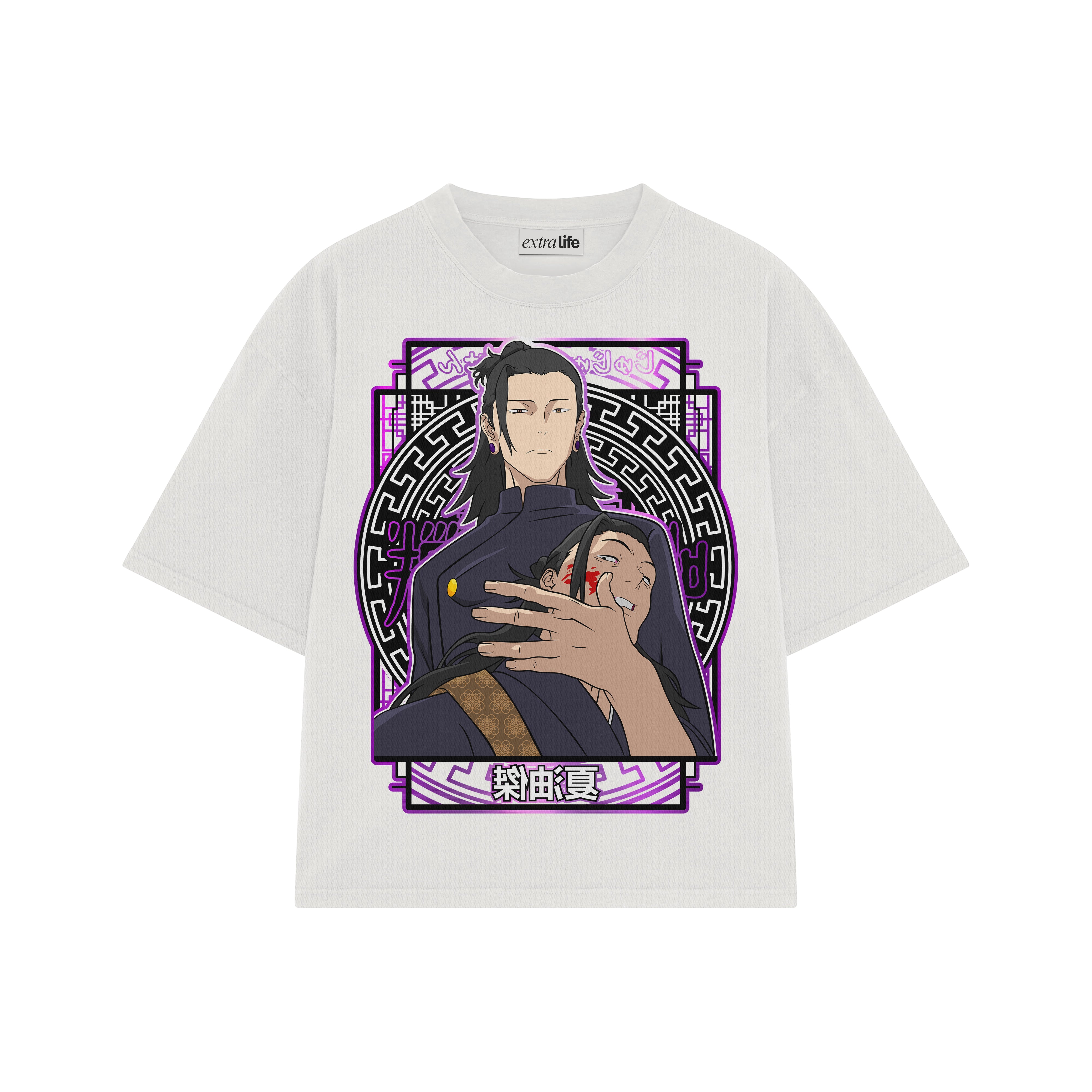 Playera streetwear premium de anime y gaming ExtraLife MX, corte boxy oversized drop shoulder heavyweight en color Deep Black y Off-White, moda urbana mexicana de culto.