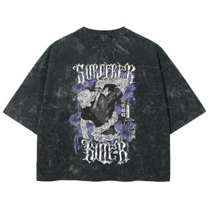 Playera streetwear premium de anime y gaming ExtraLife MX, corte boxy deluxe mineral wash heavyweight en color Acid Wash, moda urbana mexicana de culto.