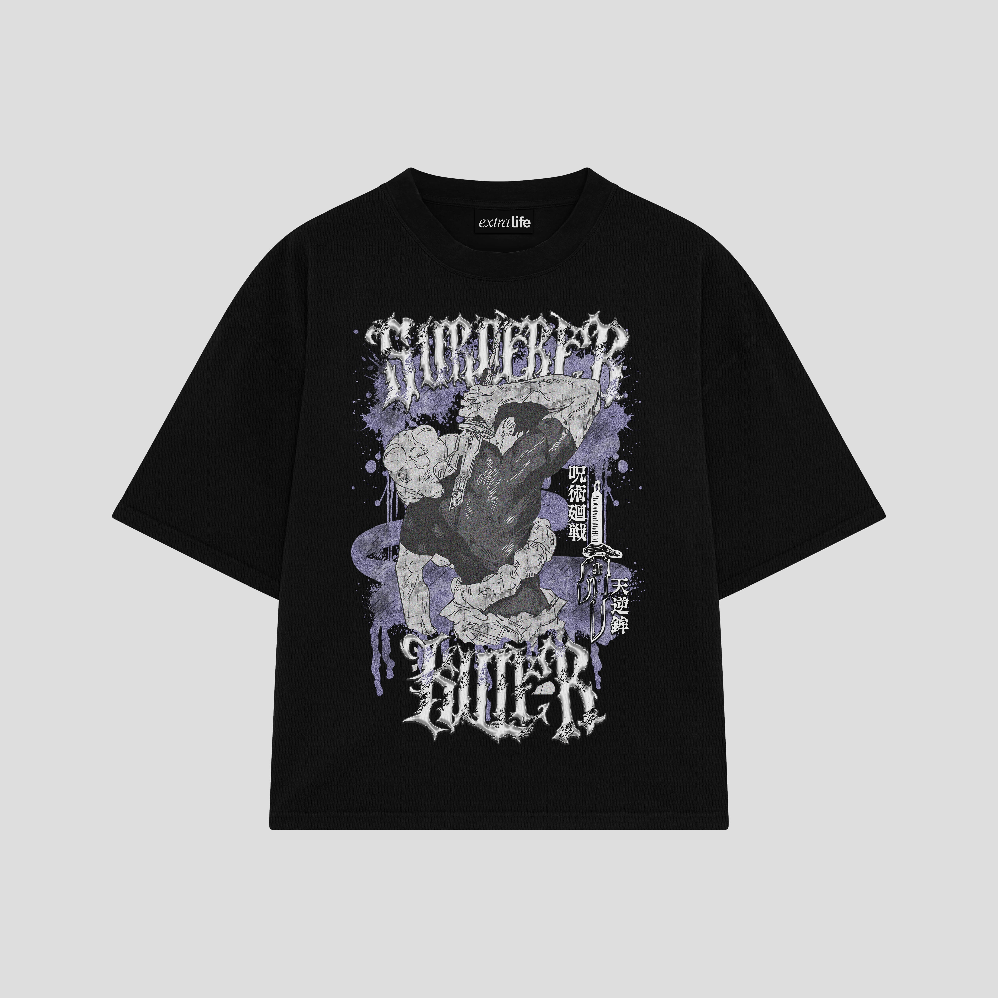Playera streetwear premium de anime y gaming ExtraLife MX, corte boxy oversized drop shoulder heavyweight en color Deep Black y Off-White, moda urbana mexicana de culto.
