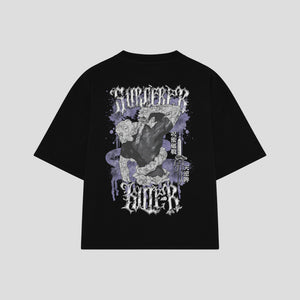 Playera streetwear premium de anime y gaming ExtraLife MX, corte boxy oversized drop shoulder heavyweight en color Deep Black y Off-White, moda urbana mexicana de culto.