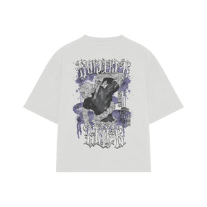 Playera streetwear premium de anime y gaming ExtraLife MX, corte boxy oversized drop shoulder heavyweight en color Deep Black y Off-White, moda urbana mexicana de culto.