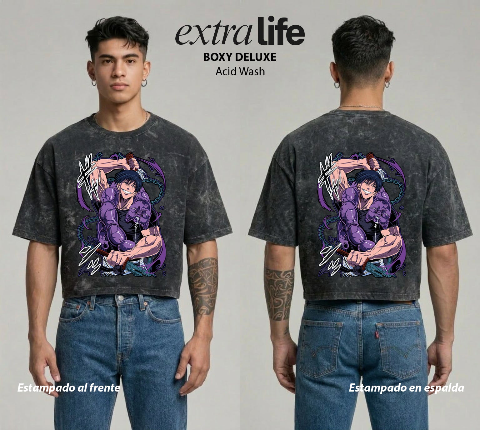 Playera streetwear premium de anime y gaming ExtraLife MX, corte boxy deluxe mineral wash heavyweight en color Acid Wash, moda urbana mexicana de culto.