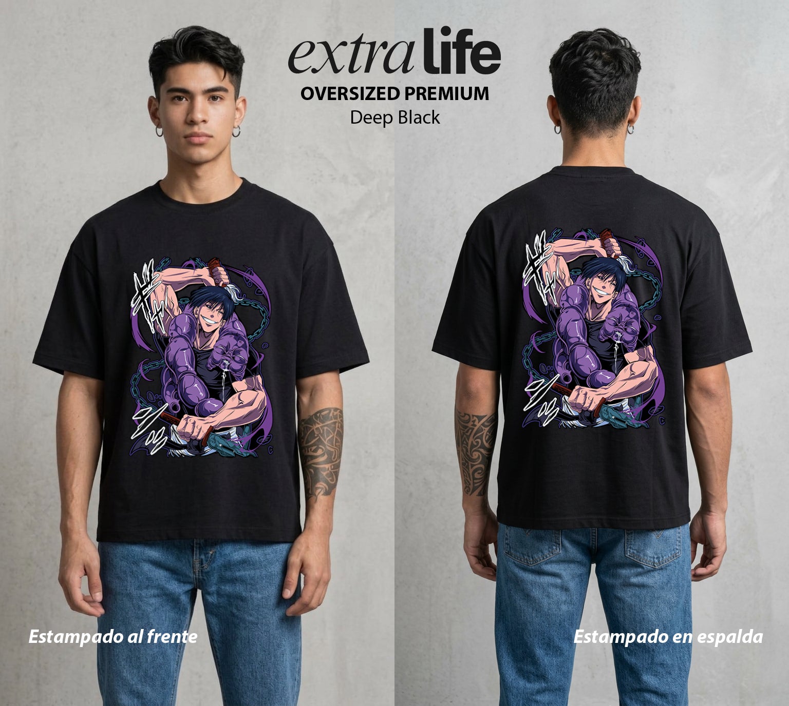 El Arte de las Maldiciones | Fuerza Física Pura #04594 - Playera Oversized Premium | Deep Black - Foto en modelo