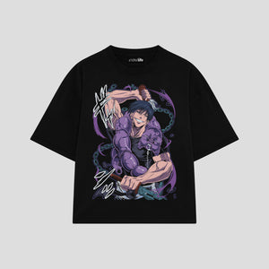 Playera streetwear premium de anime y gaming ExtraLife MX, corte boxy oversized drop shoulder heavyweight en color Deep Black y Off-White, moda urbana mexicana de culto.