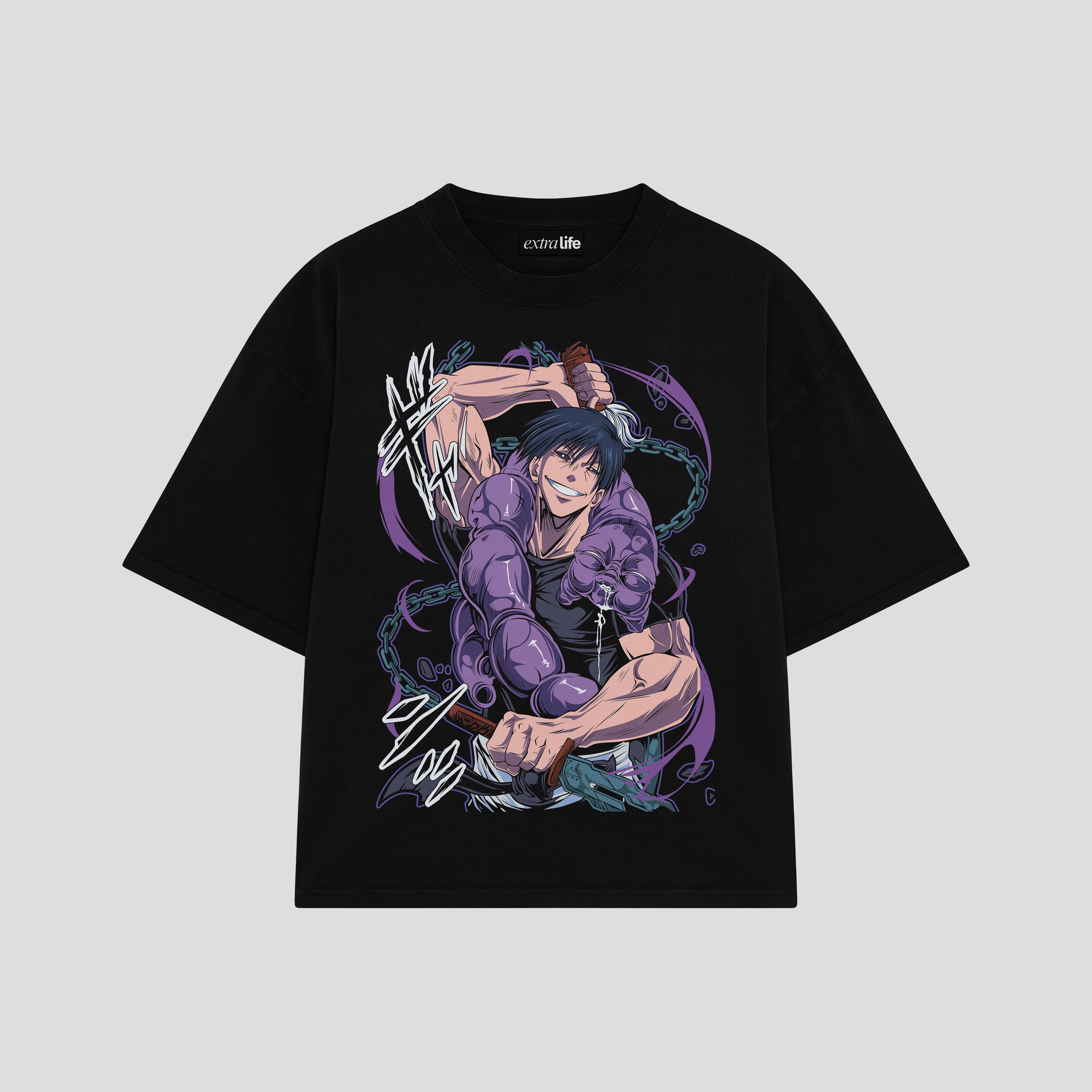 Playera streetwear premium de anime y gaming ExtraLife MX, corte boxy oversized drop shoulder heavyweight en color Deep Black y Off-White, moda urbana mexicana de culto.