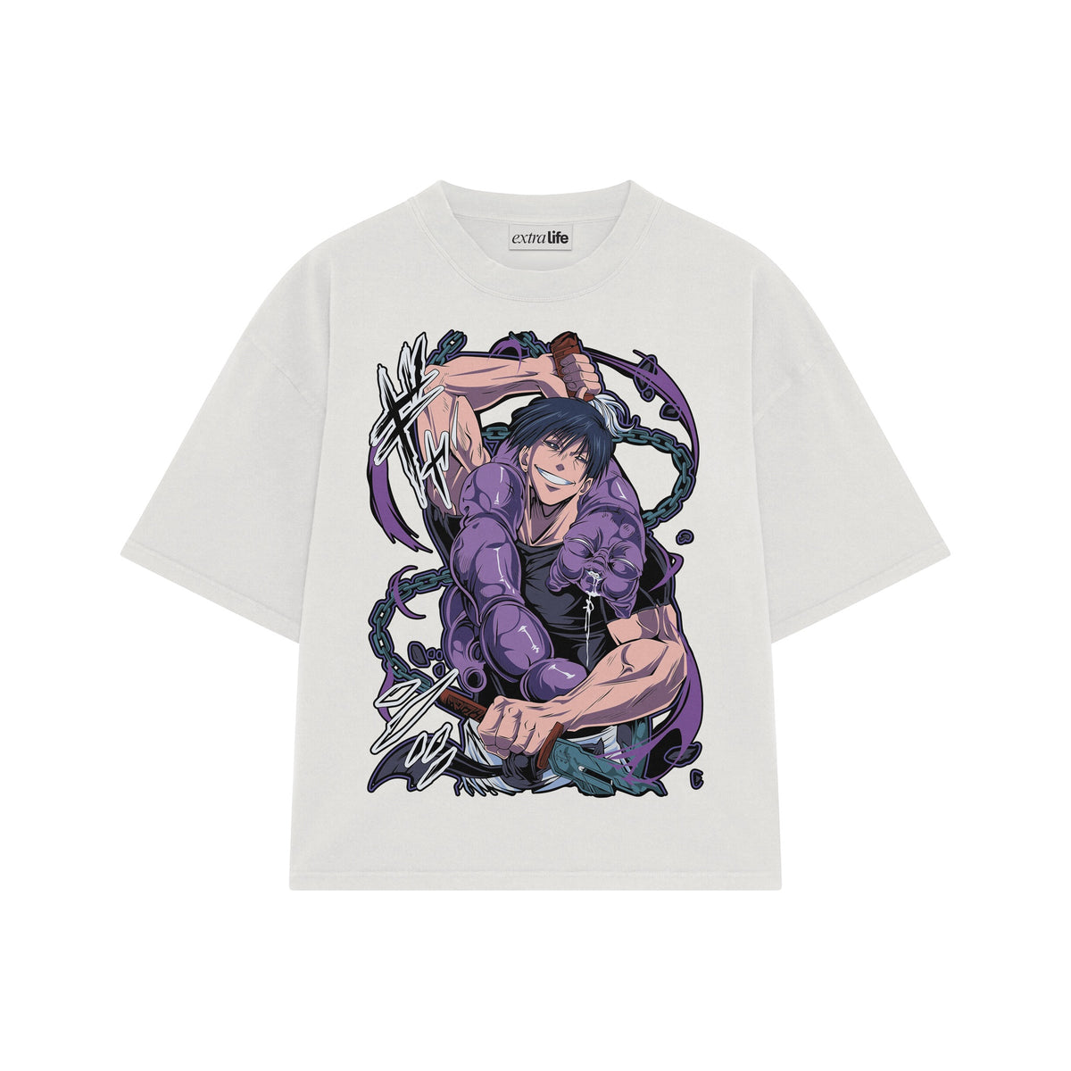Playera streetwear premium de anime y gaming ExtraLife MX, corte oversized drop shoulder ligero y fresco en color Deep Black y Off-White, moda urbana mexicana de culto.