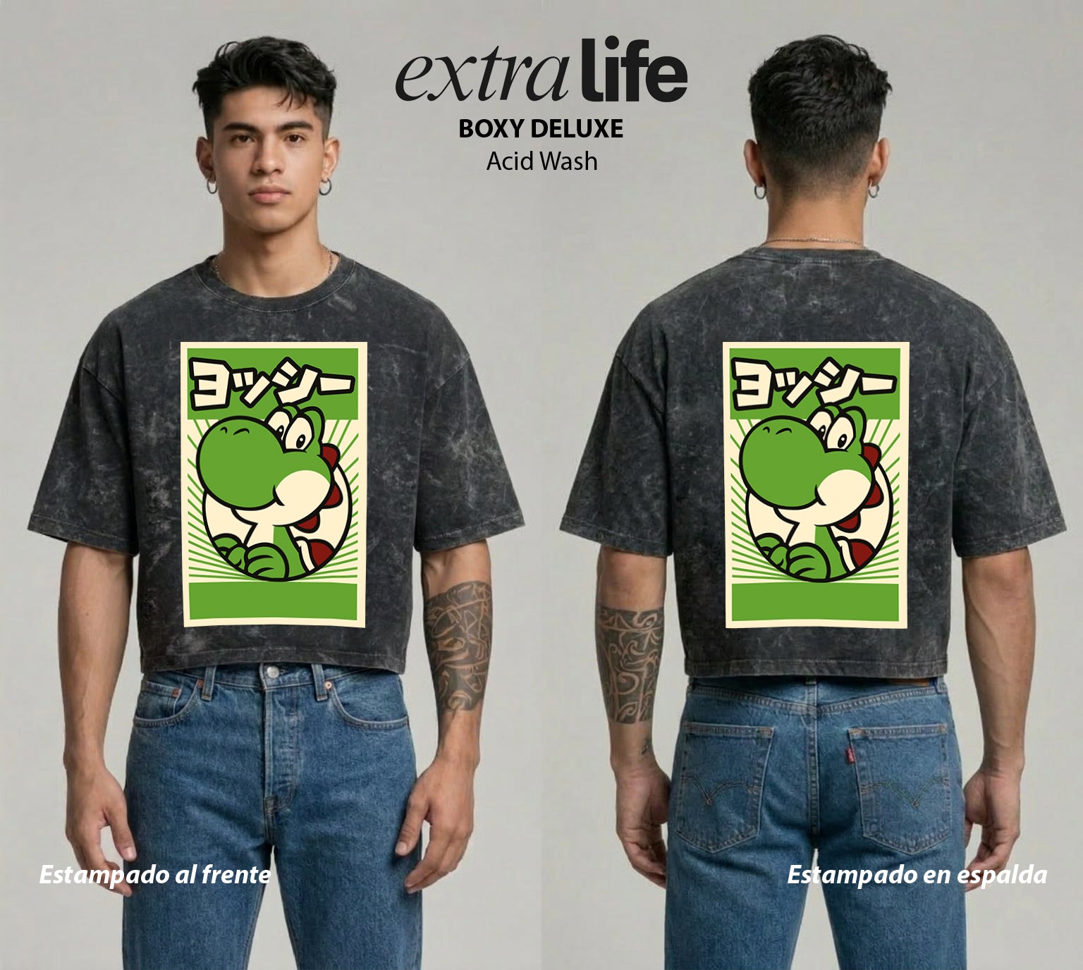 Playera streetwear premium de anime y gaming ExtraLife MX, corte boxy deluxe mineral wash heavyweight en color Acid Wash, moda urbana mexicana de culto.