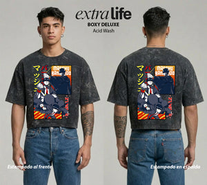 Playera streetwear premium de anime y gaming ExtraLife MX, corte boxy deluxe mineral wash heavyweight en color Acid Wash, moda urbana mexicana de culto.