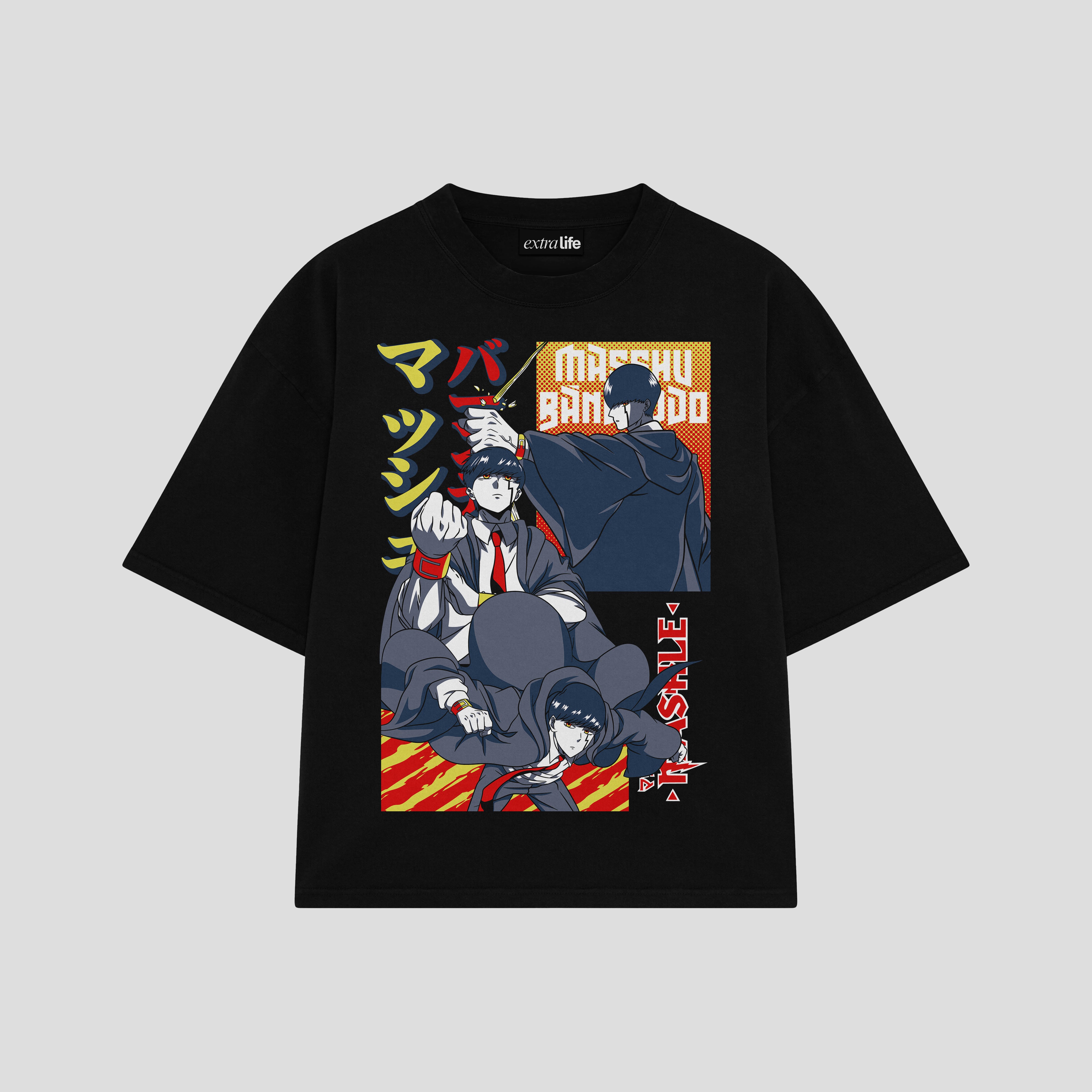 Playera streetwear premium de anime y gaming ExtraLife MX, corte boxy oversized drop shoulder heavyweight en color Deep Black y Off-White, moda urbana mexicana de culto.