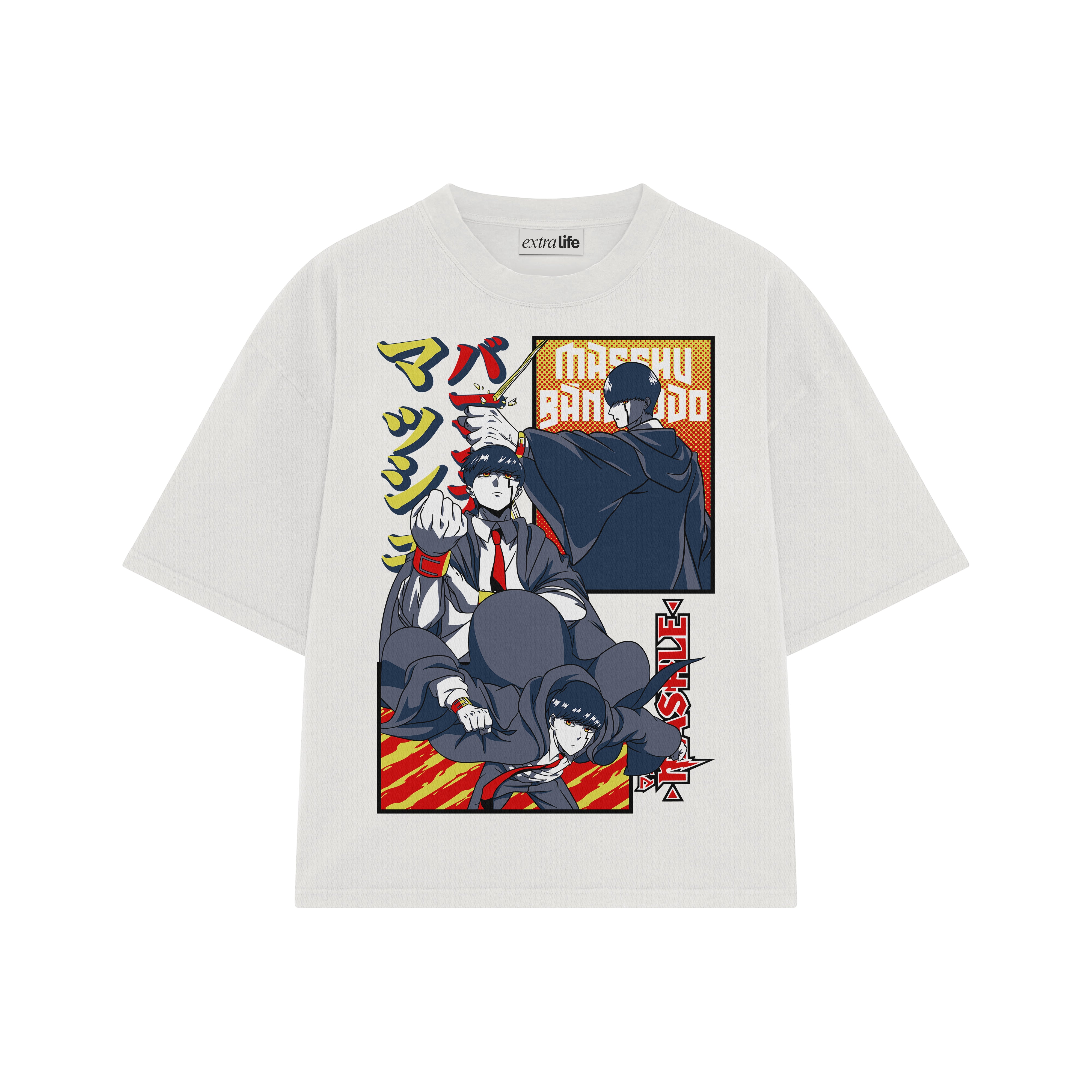 Playera streetwear premium de anime y gaming ExtraLife MX, corte boxy oversized drop shoulder heavyweight en color Deep Black y Off-White, moda urbana mexicana de culto.