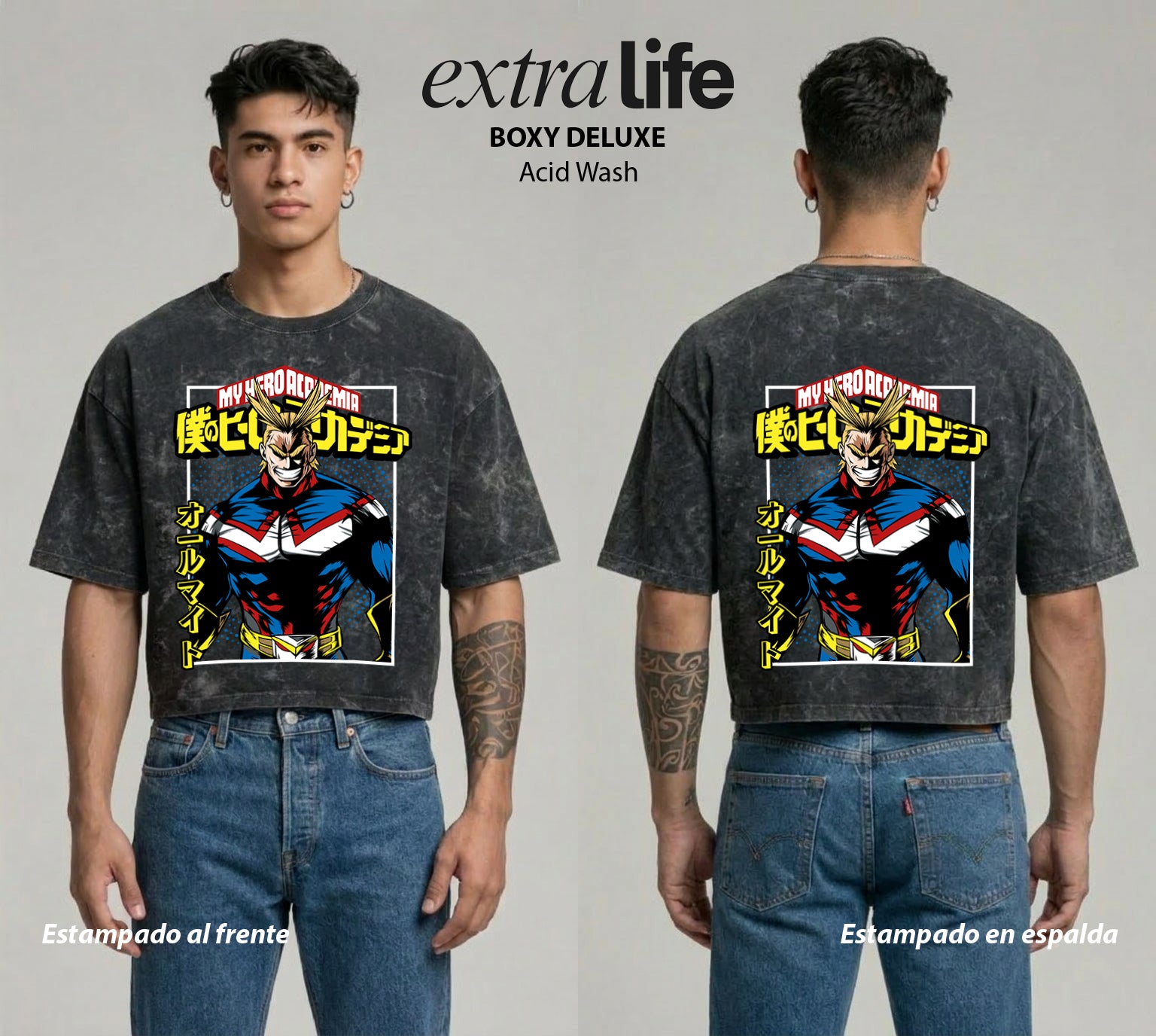 Playera streetwear premium de anime y gaming ExtraLife MX, corte boxy deluxe mineral wash heavyweight en color Acid Wash, moda urbana mexicana de culto.