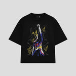 Playera streetwear premium de anime y gaming ExtraLife MX, corte boxy oversized drop shoulder heavyweight en color Deep Black y Off-White, moda urbana mexicana de culto.