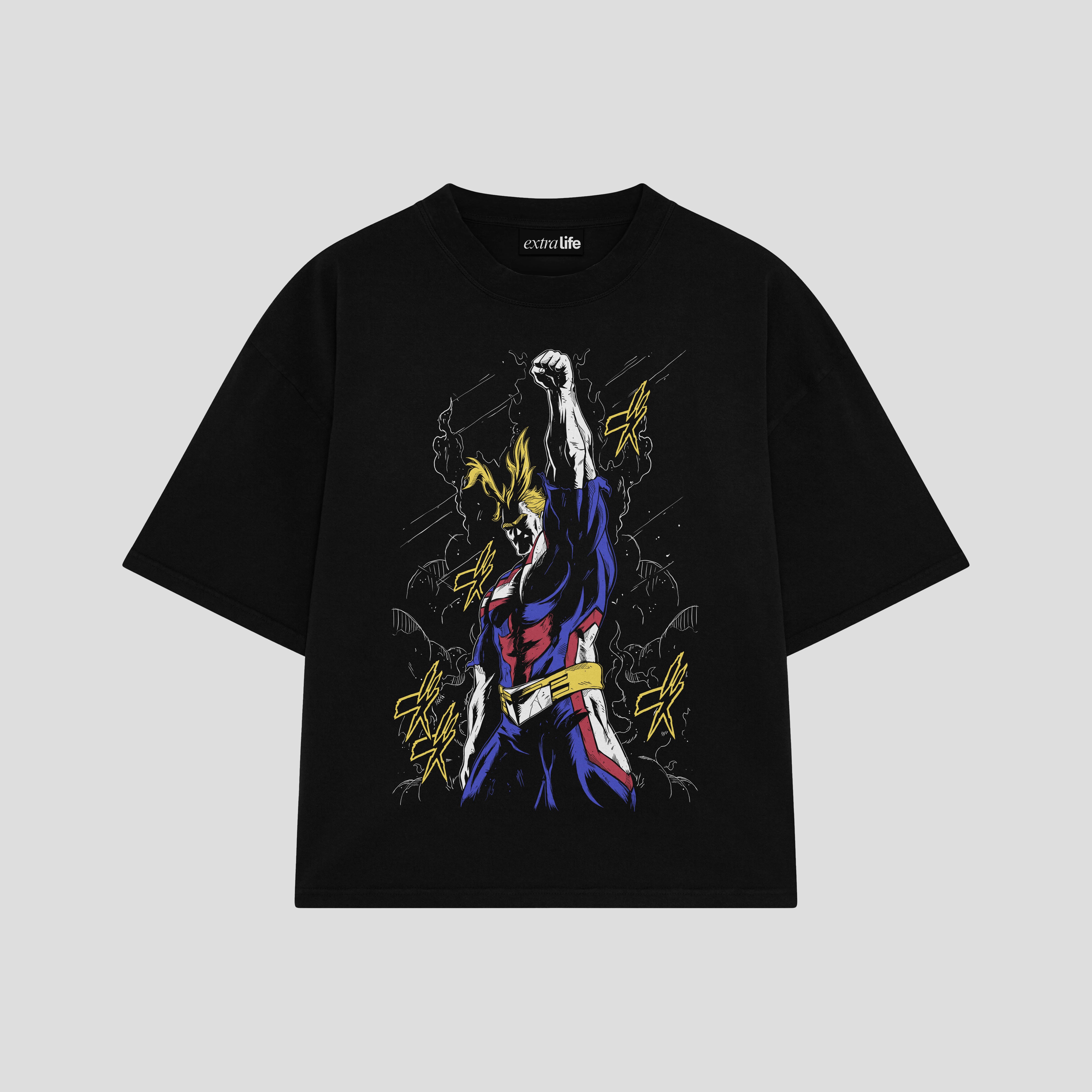 Playera streetwear premium de anime y gaming ExtraLife MX, corte boxy oversized drop shoulder heavyweight en color Deep Black y Off-White, moda urbana mexicana de culto.
