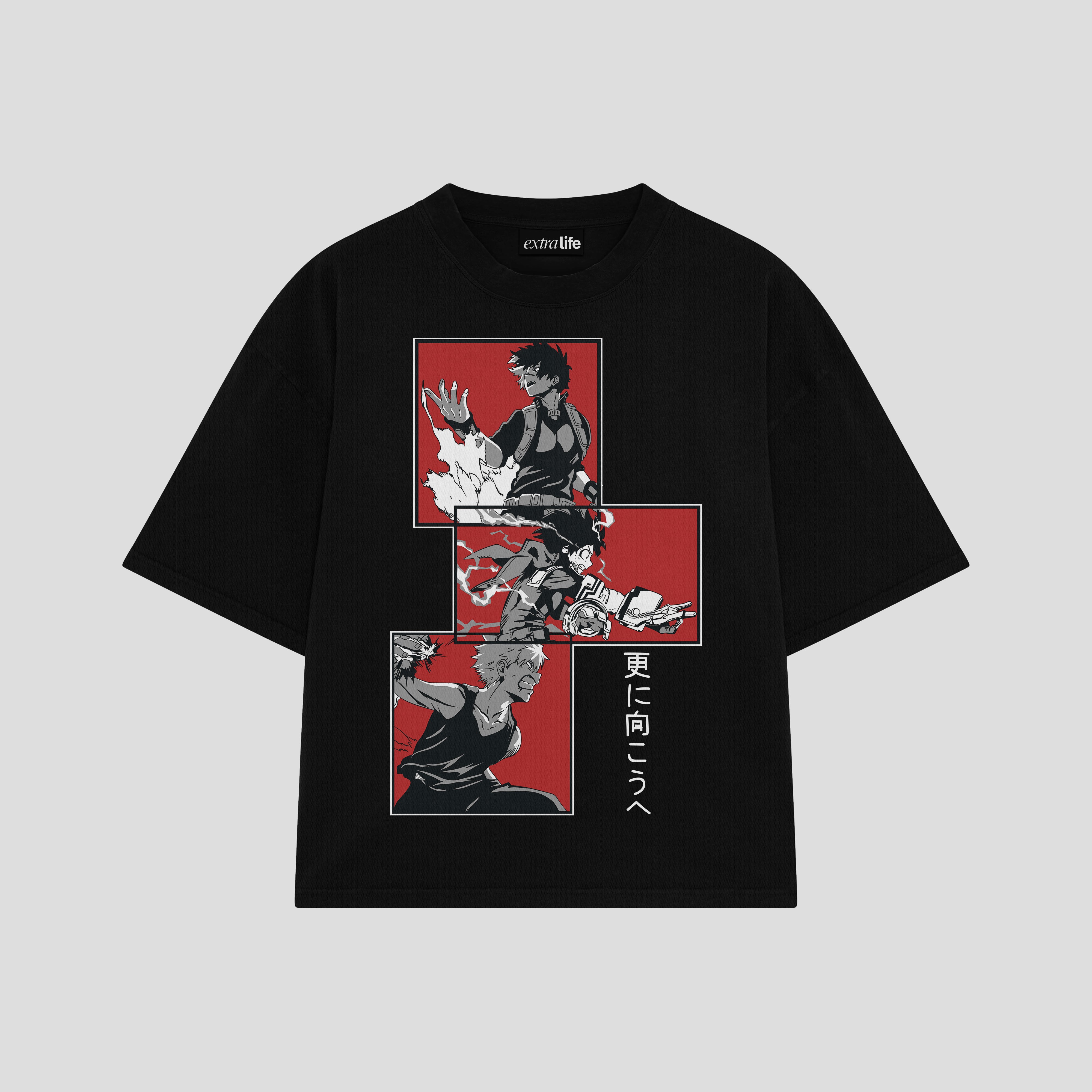 Playera streetwear premium de anime y gaming ExtraLife MX, corte boxy oversized drop shoulder heavyweight en color Deep Black y Off-White, moda urbana mexicana de culto.