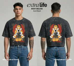 Playera streetwear premium de anime y gaming ExtraLife MX, corte boxy deluxe mineral wash heavyweight en color Acid Wash, moda urbana mexicana de culto.